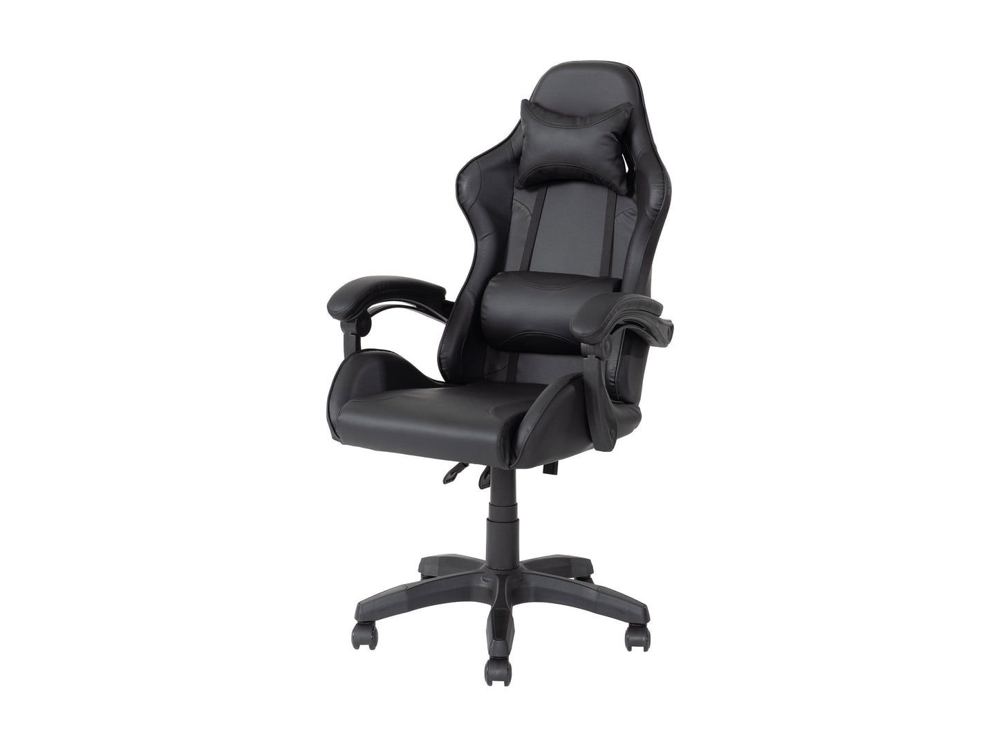 Black reclining gaming chair with ergonomic design, padded armrests, high-density foam seat, adjustable headrest, and lumbar support. Ideal for gamers seeking comfort and style.