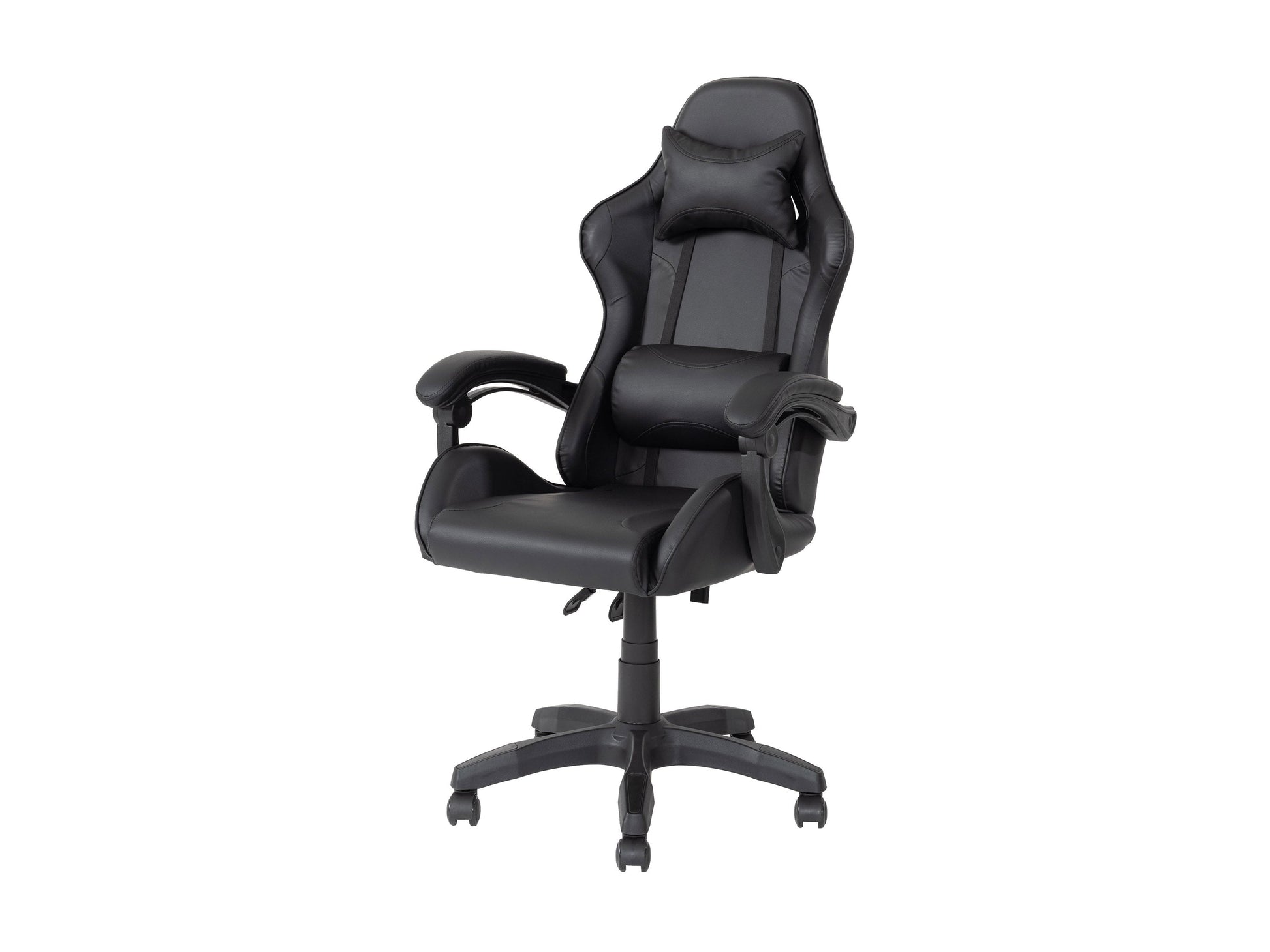 Black reclining gaming chair with ergonomic design, padded armrests, high-density foam seat, adjustable headrest, and lumbar support. Ideal for gamers seeking comfort and style.