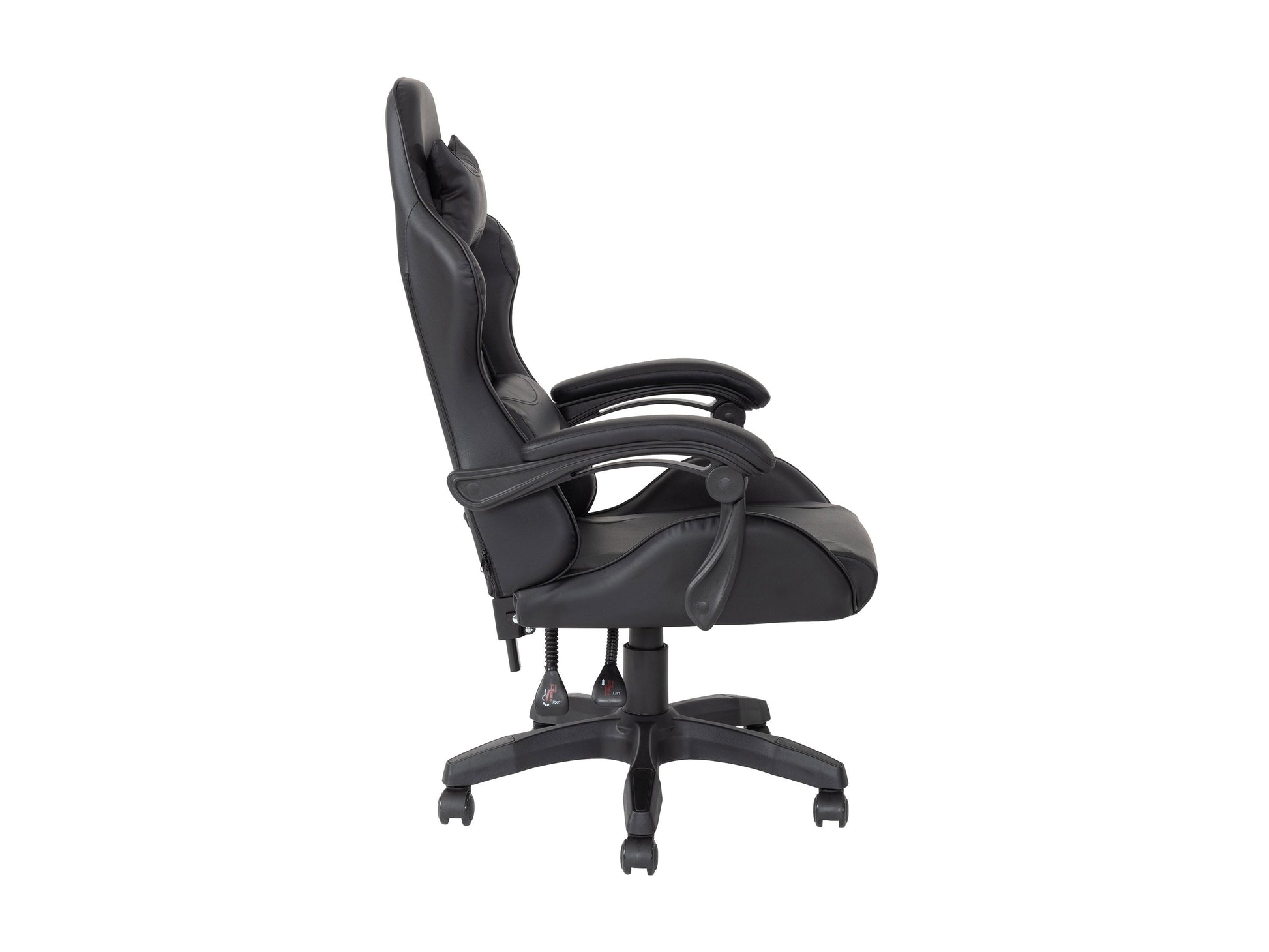 Black reclining gaming chair with ergonomic design, padded armrests, high-density foam seat, adjustable headrest, and lumbar support. Ideal for gamers seeking comfort and style.