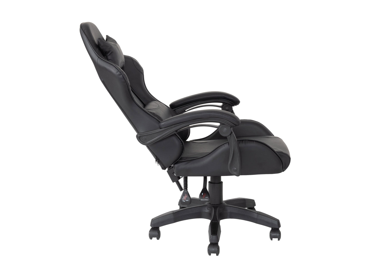 Black reclining gaming chair with ergonomic design, padded armrests, high-density foam seat, adjustable headrest, and lumbar support. Ideal for gamers seeking comfort and style.
