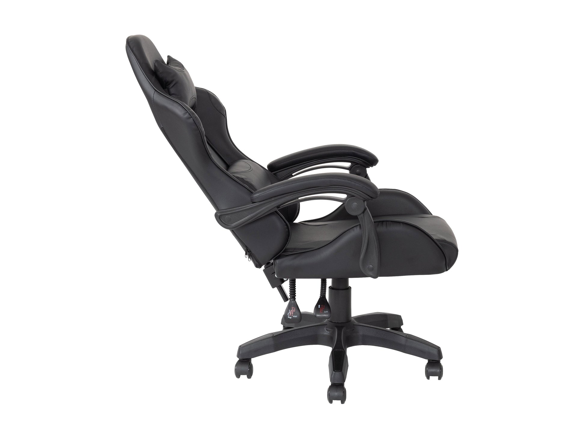 Black reclining gaming chair with ergonomic design, padded armrests, high-density foam seat, adjustable headrest, and lumbar support. Ideal for gamers seeking comfort and style.