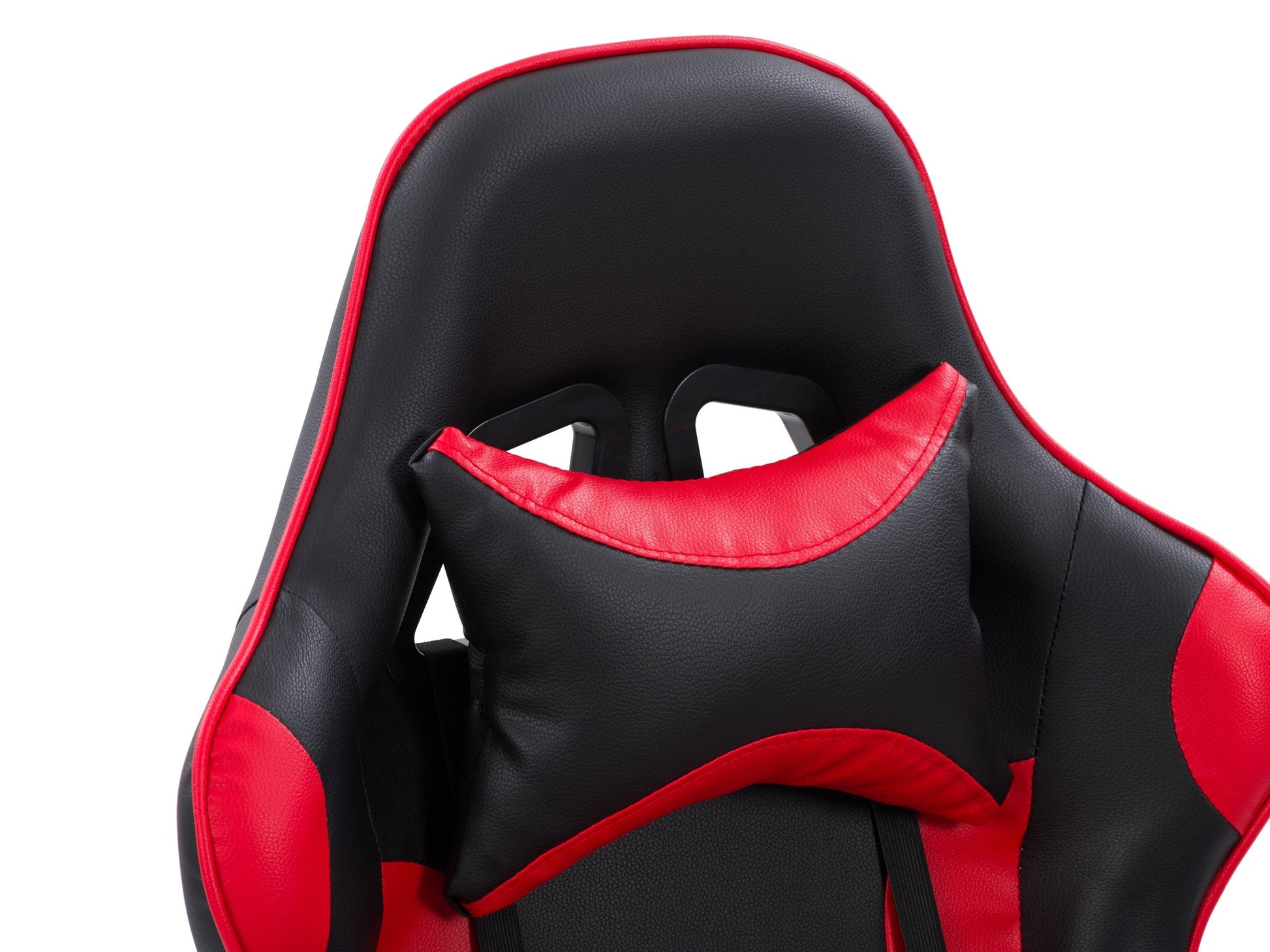 Reclining gaming chair with black and red faux leather, ergonomic design, adjustable armrests, and lumbar support cushion, perfect for long gaming sessions and office use.