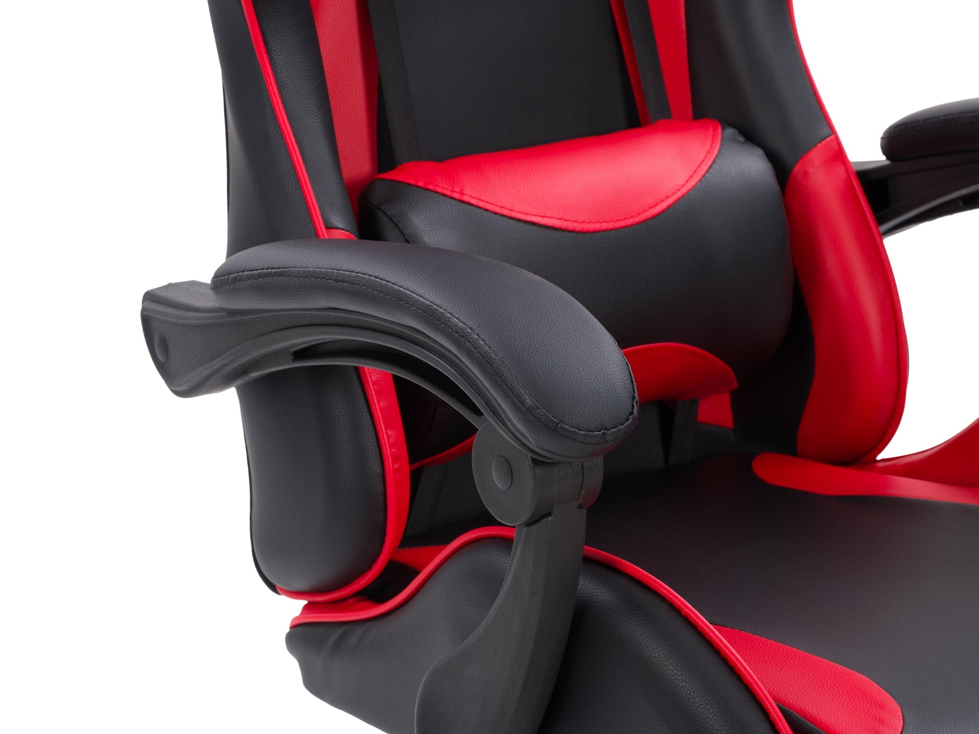 Reclining gaming chair with black and red faux leather, ergonomic design, adjustable armrests, and lumbar support cushion, perfect for long gaming sessions and office use.