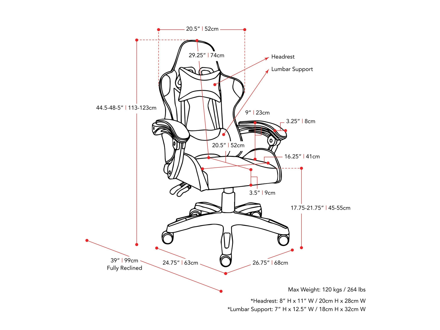 Reclining gaming chair with black and red faux leather, ergonomic design, adjustable armrests, and lumbar support cushion, perfect for long gaming sessions and office use.