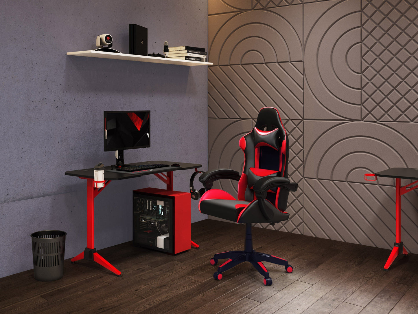 Reclining gaming chair with black and red faux leather, ergonomic design, adjustable armrests, and lumbar support cushion, perfect for long gaming sessions and office use.