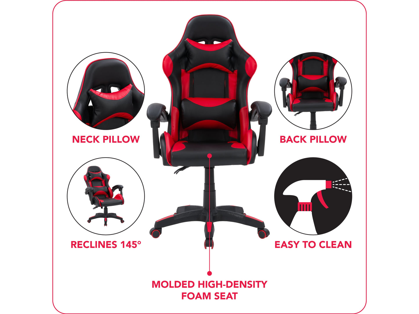 Reclining gaming chair with black and red faux leather, ergonomic design, adjustable armrests, and lumbar support cushion, perfect for long gaming sessions and office use.