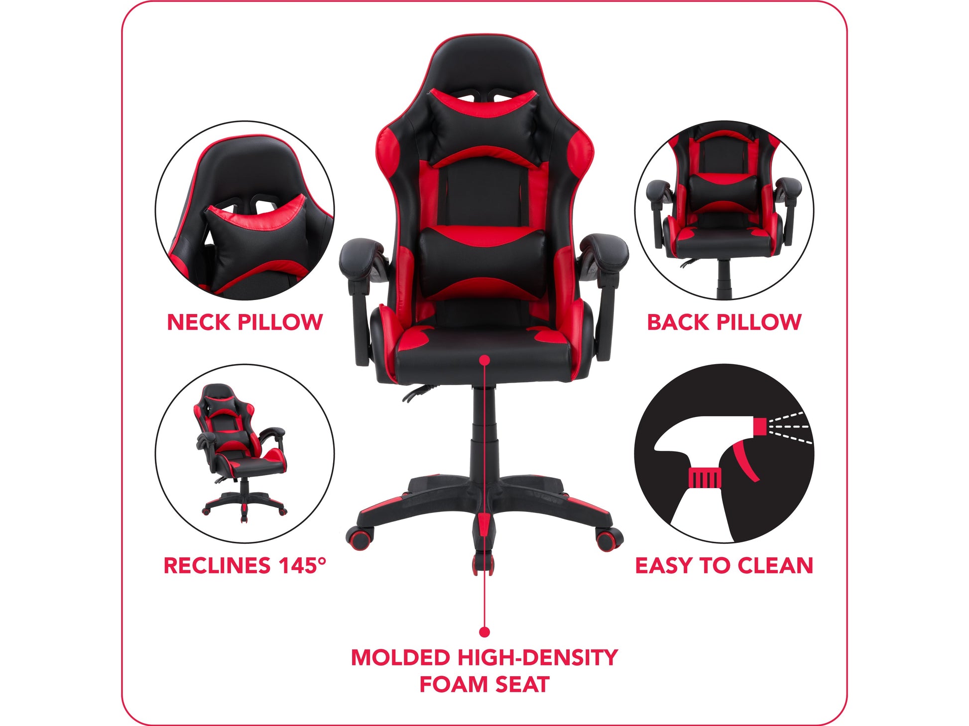Reclining gaming chair with black and red faux leather, ergonomic design, adjustable armrests, and lumbar support cushion, perfect for long gaming sessions and office use.