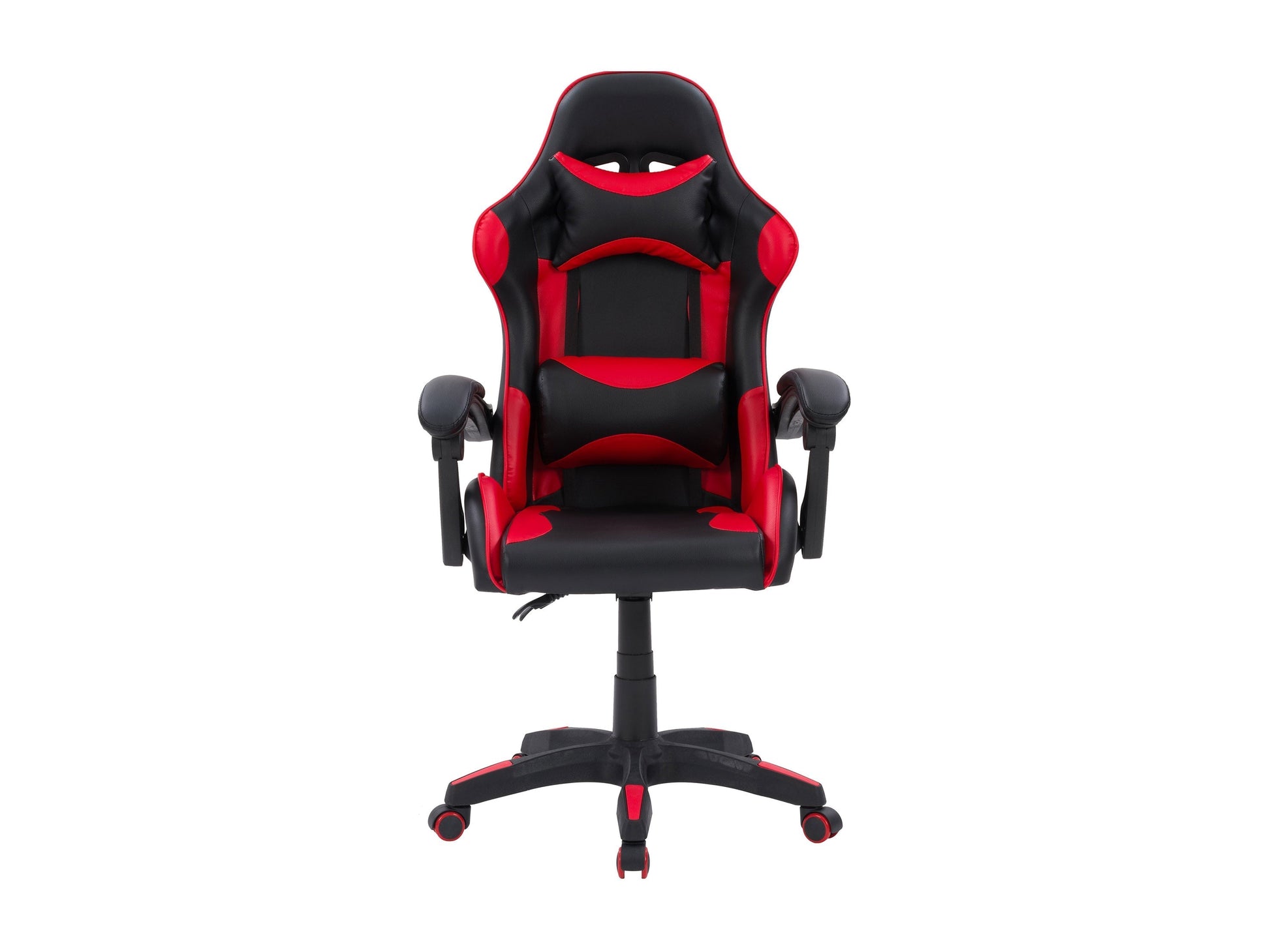 Reclining gaming chair with black and red faux leather, ergonomic design, adjustable armrests, and lumbar support cushion, perfect for long gaming sessions and office use.