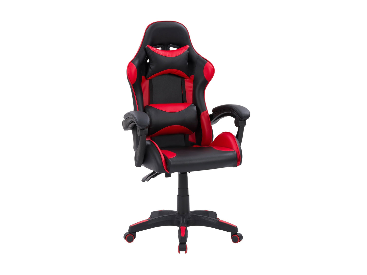 Reclining gaming chair with black and red faux leather, ergonomic design, adjustable armrests, and lumbar support cushion, perfect for long gaming sessions and office use.