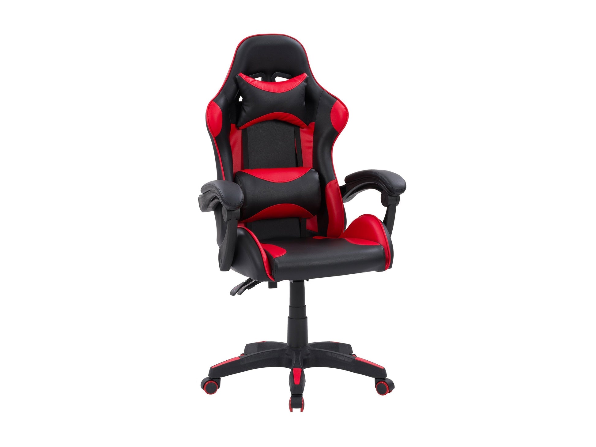 Reclining gaming chair with black and red faux leather, ergonomic design, adjustable armrests, and lumbar support cushion, perfect for long gaming sessions and office use.