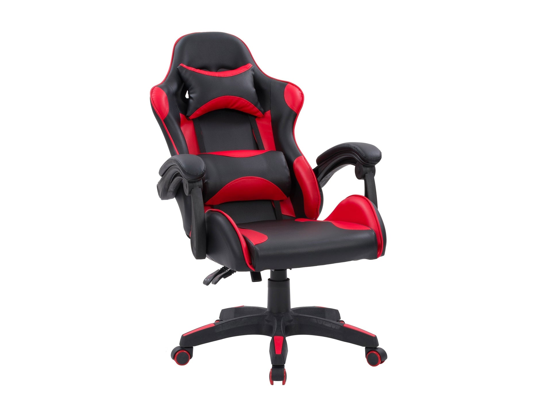 Reclining gaming chair with black and red faux leather, ergonomic design, adjustable armrests, and lumbar support cushion, perfect for long gaming sessions and office use.