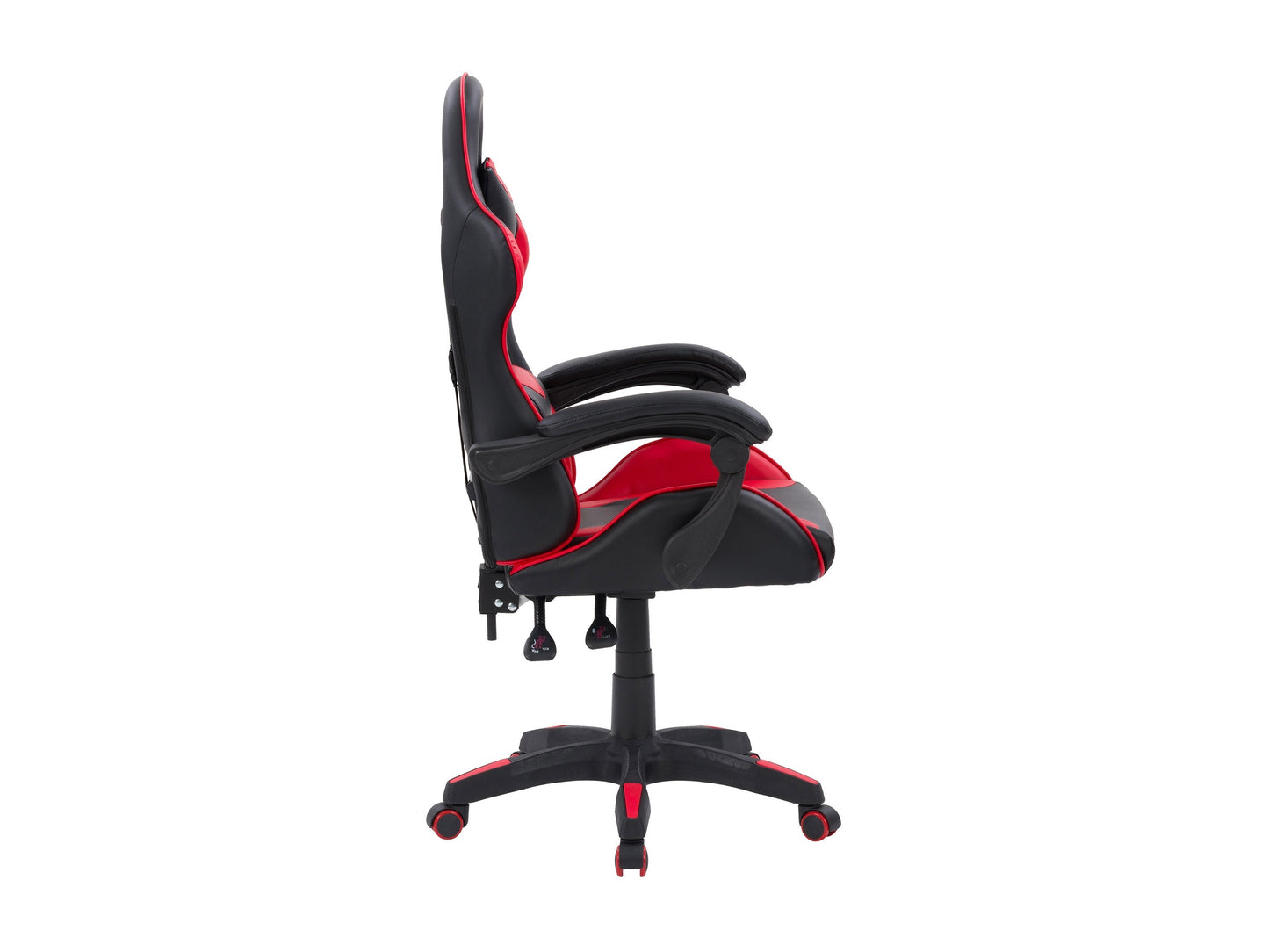 Reclining gaming chair with black and red faux leather, ergonomic design, adjustable armrests, and lumbar support cushion, perfect for long gaming sessions and office use.
