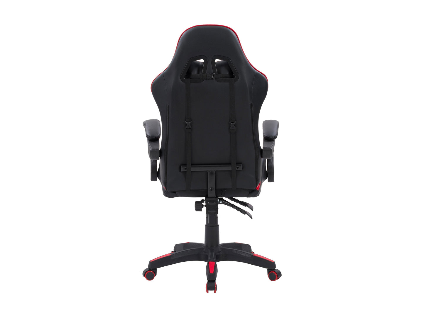 Reclining gaming chair with black and red faux leather, ergonomic design, adjustable armrests, and lumbar support cushion, perfect for long gaming sessions and office use.