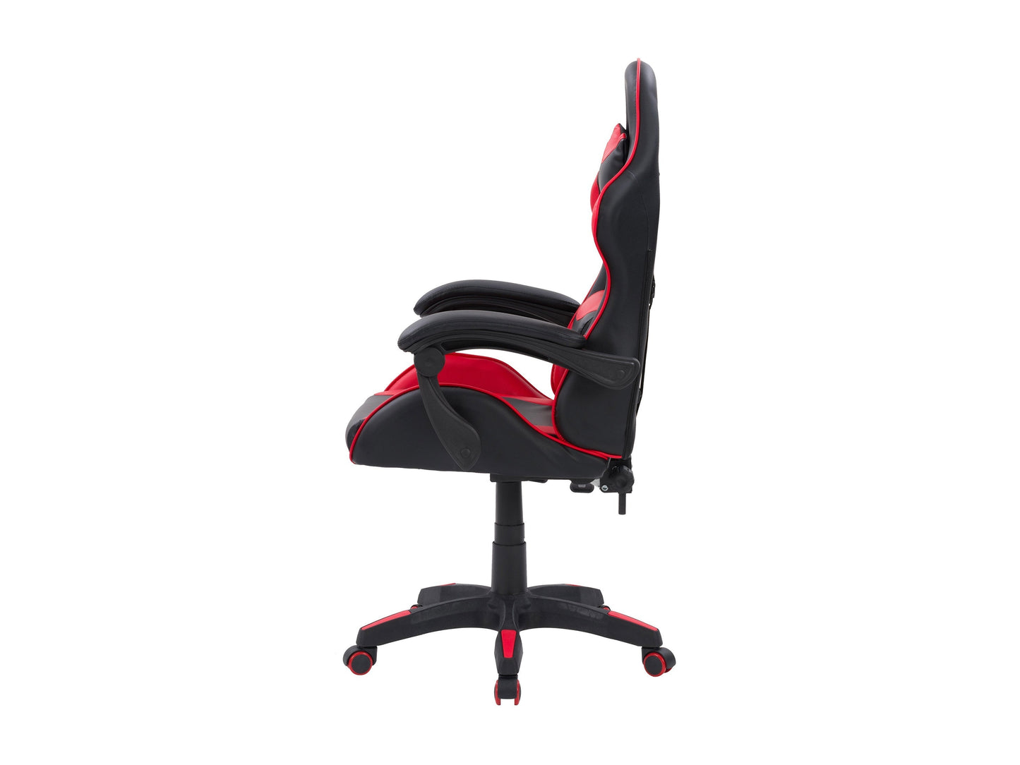 Reclining gaming chair with black and red faux leather, ergonomic design, adjustable armrests, and lumbar support cushion, perfect for long gaming sessions and office use.