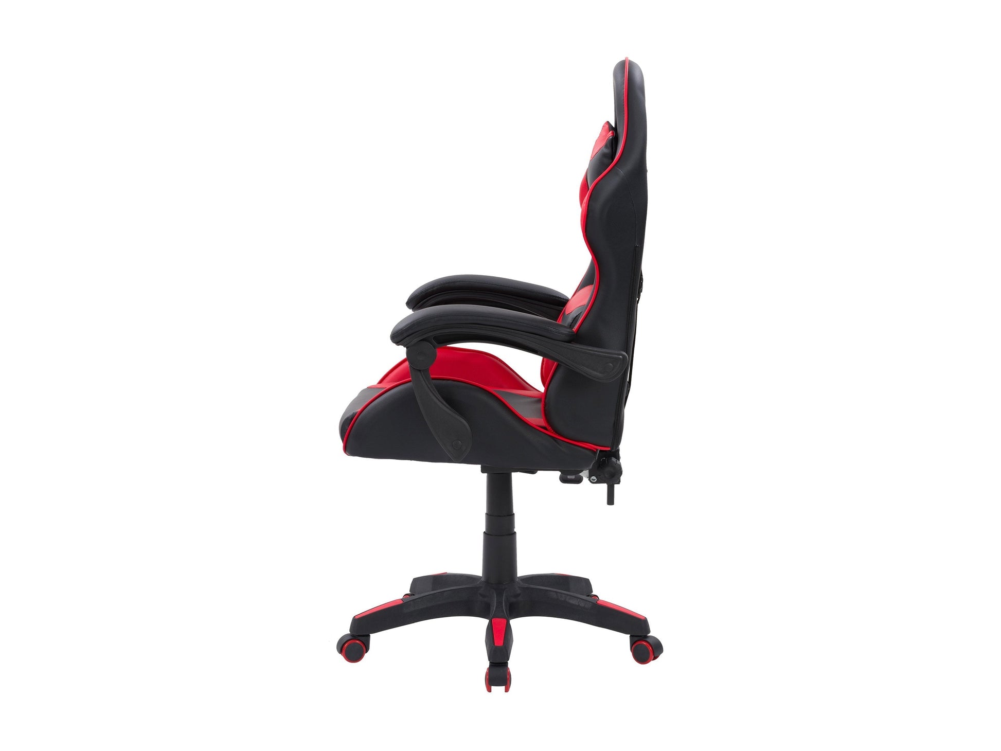 Reclining gaming chair with black and red faux leather, ergonomic design, adjustable armrests, and lumbar support cushion, perfect for long gaming sessions and office use.