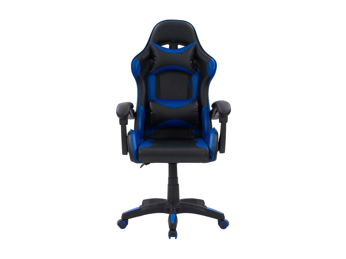 Black and blue reclining gaming chair with ergonomic design, padded armrests, adjustable headrest, lumbar support, and smooth leather finish. Ideal for gamers seeking comfort and style.