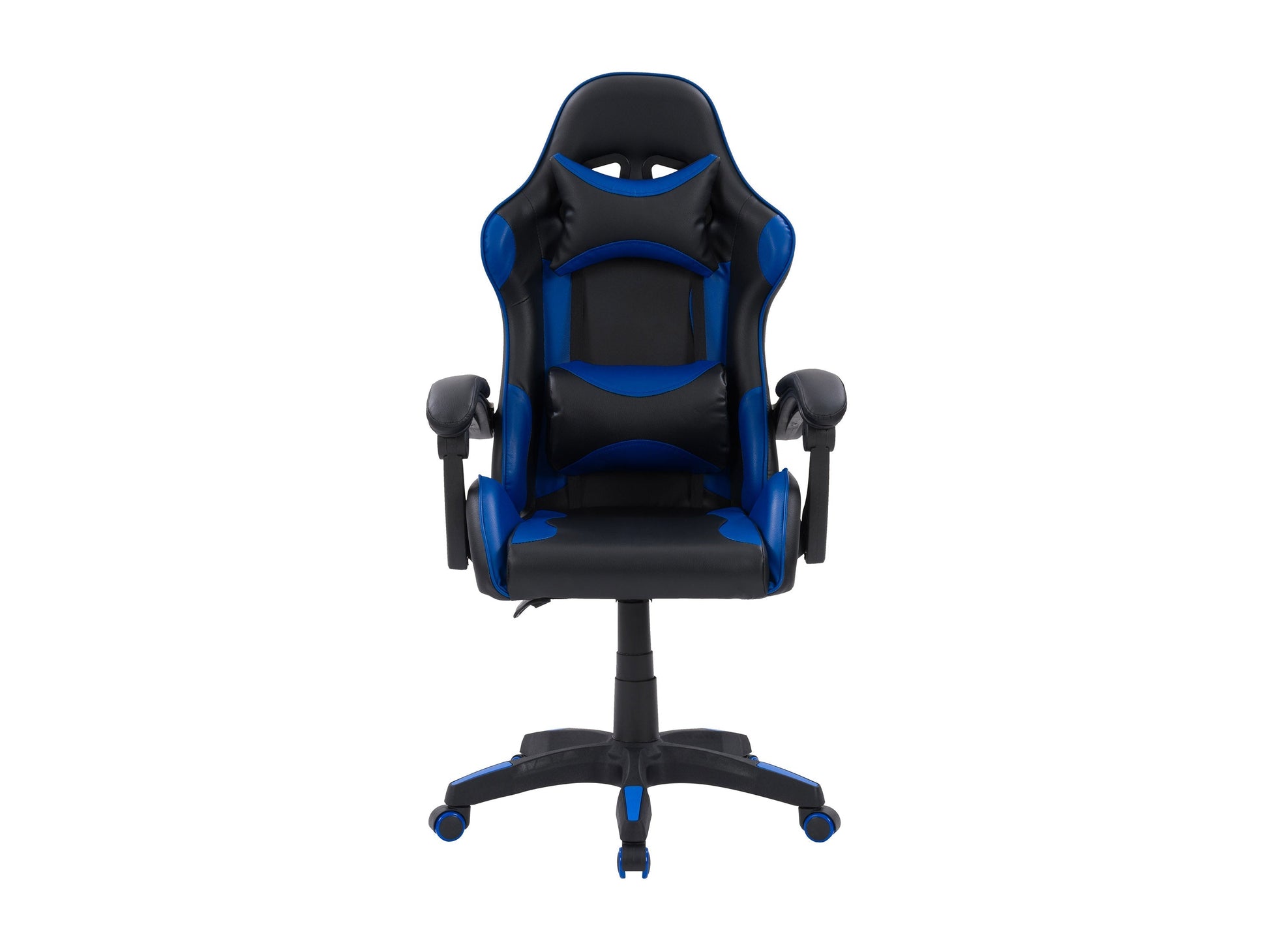Black and blue reclining gaming chair with ergonomic design, padded armrests, adjustable headrest, lumbar support, and smooth leather finish. Ideal for gamers seeking comfort and style.