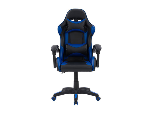 Black and blue reclining gaming chair with ergonomic design, padded armrests, adjustable headrest, lumbar support, and smooth leather finish. Ideal for gamers seeking comfort and style.