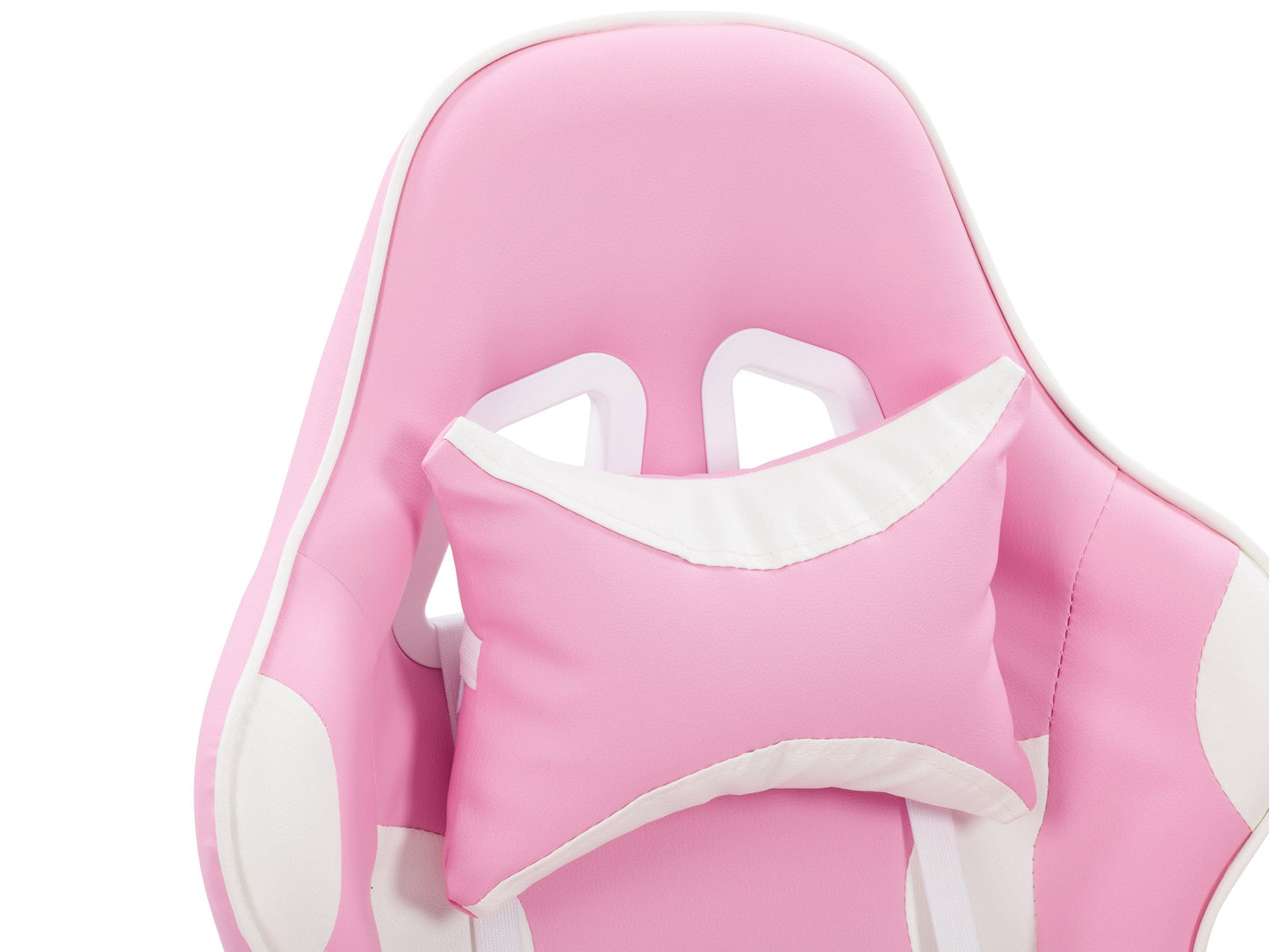 Pink and white reclining gaming chair with ergonomic design, high-density foam padding, adjustable armrests, lumbar support, and smooth PU leather upholstery. Ideal for gamers seeking comfort and style.