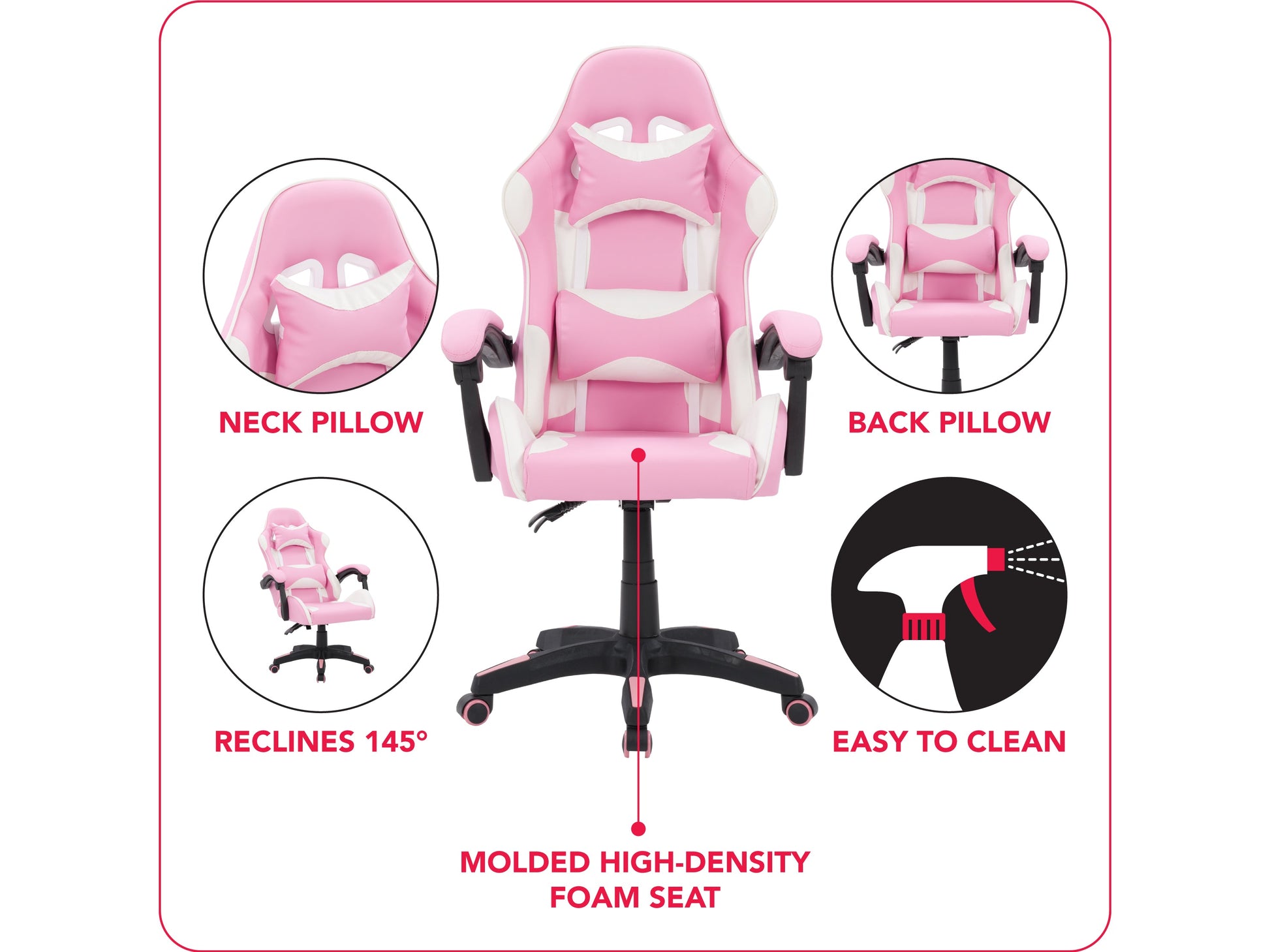 Pink and white reclining gaming chair with ergonomic design, high-density foam padding, adjustable armrests, lumbar support, and smooth PU leather upholstery. Ideal for gamers seeking comfort and style.