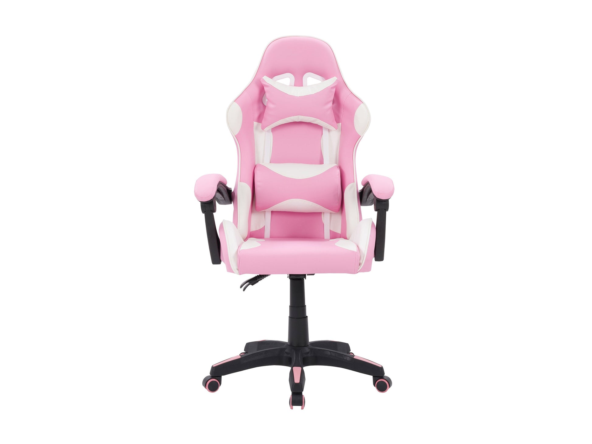 Pink and white reclining gaming chair with ergonomic design, high-density foam padding, adjustable armrests, lumbar support, and smooth PU leather upholstery. Ideal for gamers seeking comfort and style.