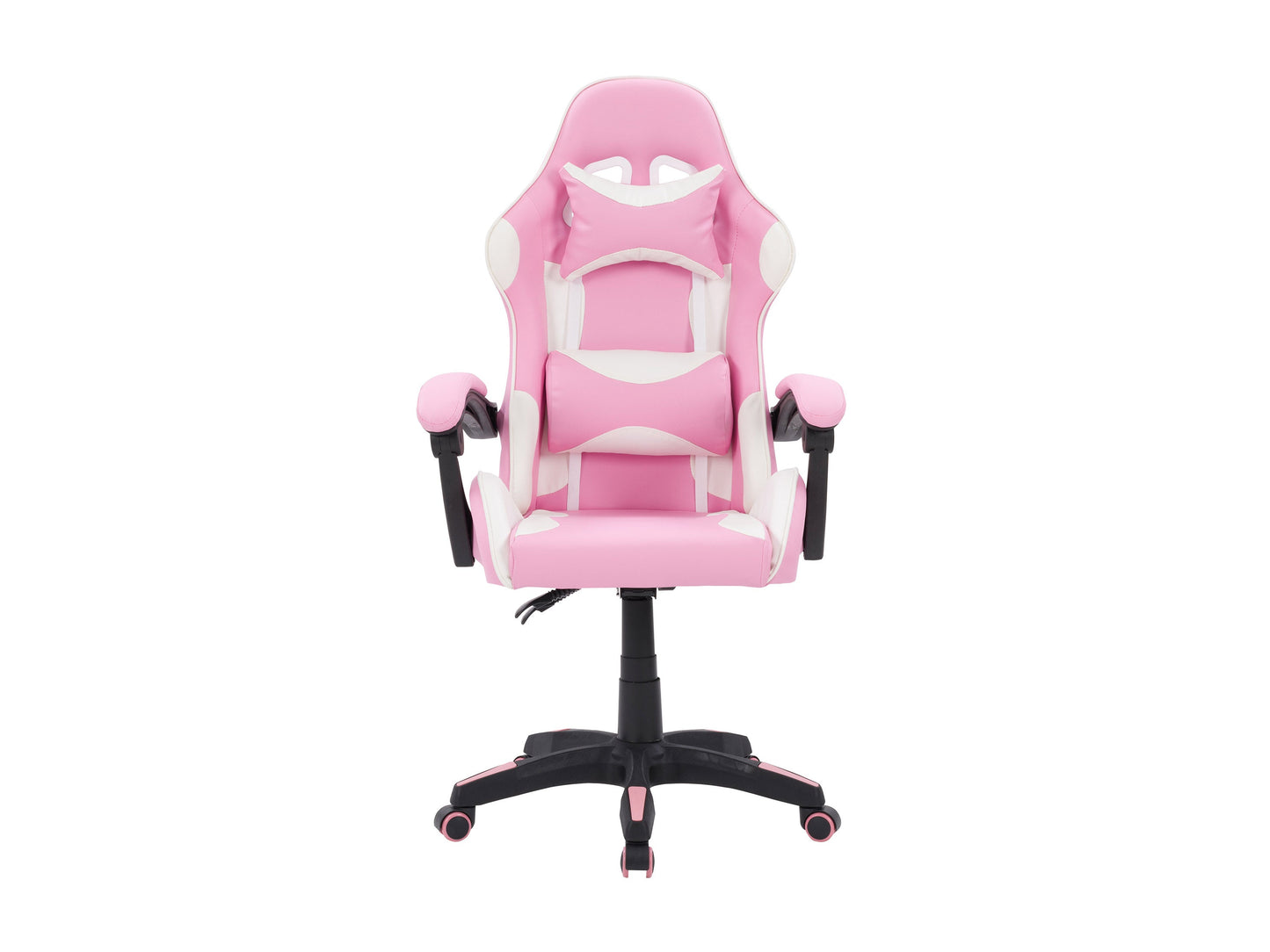 Pink and white reclining gaming chair with ergonomic design, high-density foam padding, adjustable armrests, lumbar support, and smooth PU leather upholstery. Ideal for gamers seeking comfort and style.