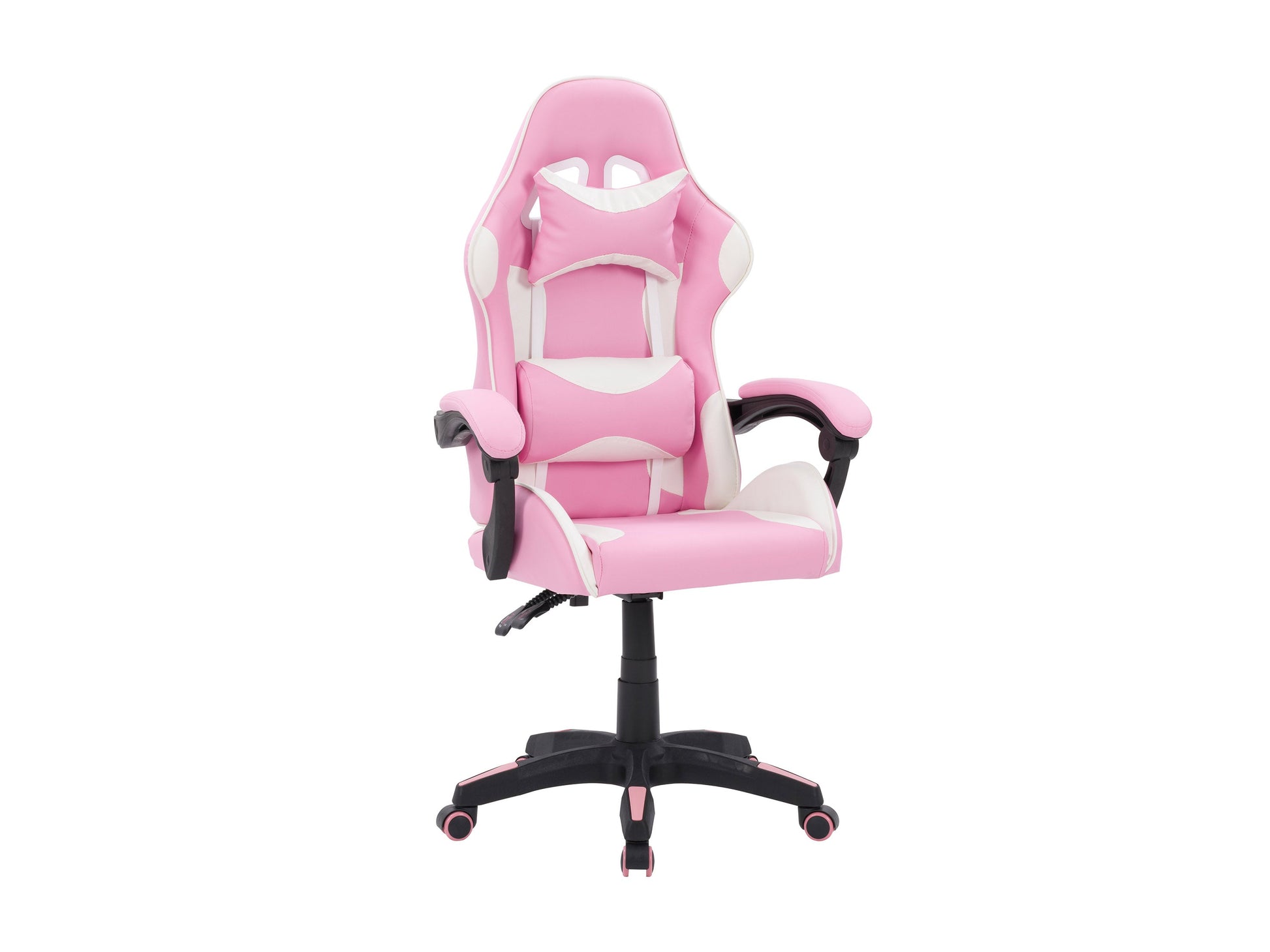 Pink and white reclining gaming chair with ergonomic design, high-density foam padding, adjustable armrests, lumbar support, and smooth PU leather upholstery. Ideal for gamers seeking comfort and style.