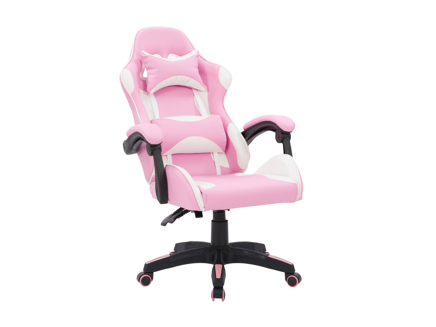 Pink and white reclining gaming chair with ergonomic design, high-density foam padding, adjustable armrests, lumbar support, and smooth PU leather upholstery. Ideal for gamers seeking comfort and style.