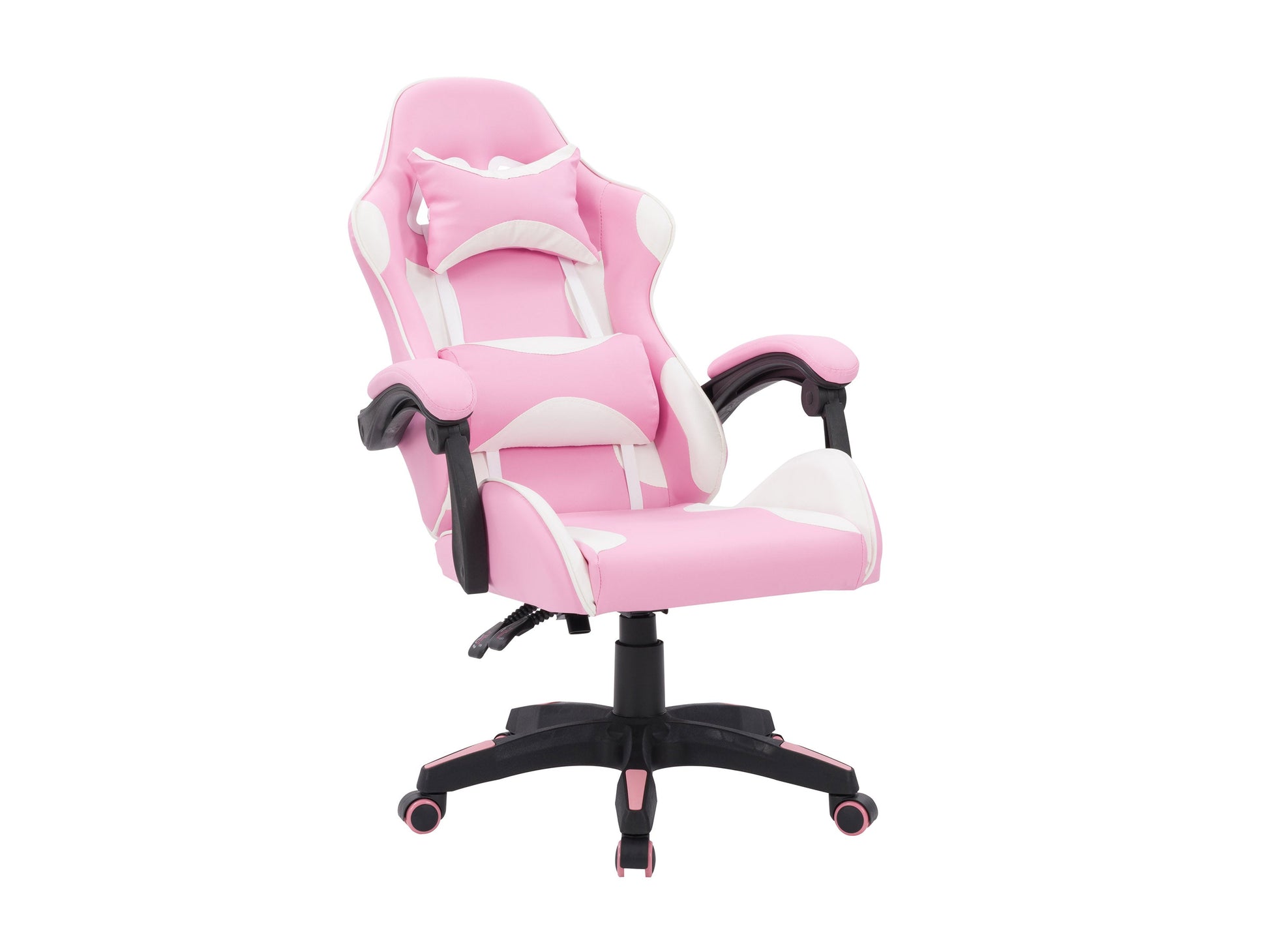 Pink and white reclining gaming chair with ergonomic design, high-density foam padding, adjustable armrests, lumbar support, and smooth PU leather upholstery. Ideal for gamers seeking comfort and style.