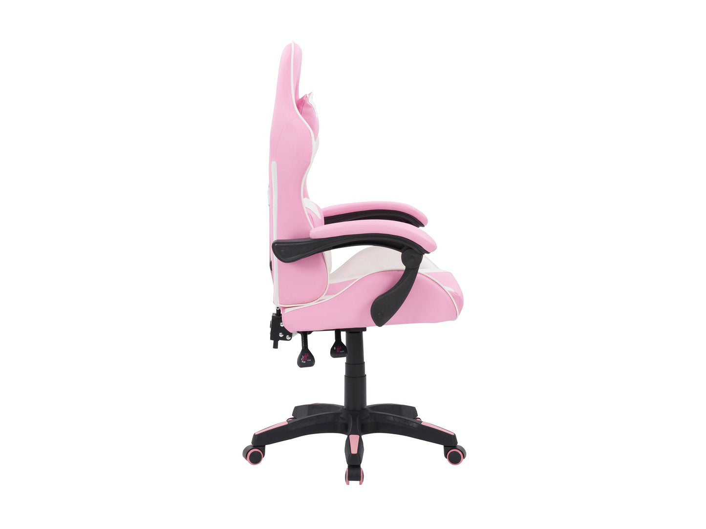 Pink and white reclining gaming chair with ergonomic design, high-density foam padding, adjustable armrests, lumbar support, and smooth PU leather upholstery. Ideal for gamers seeking comfort and style.