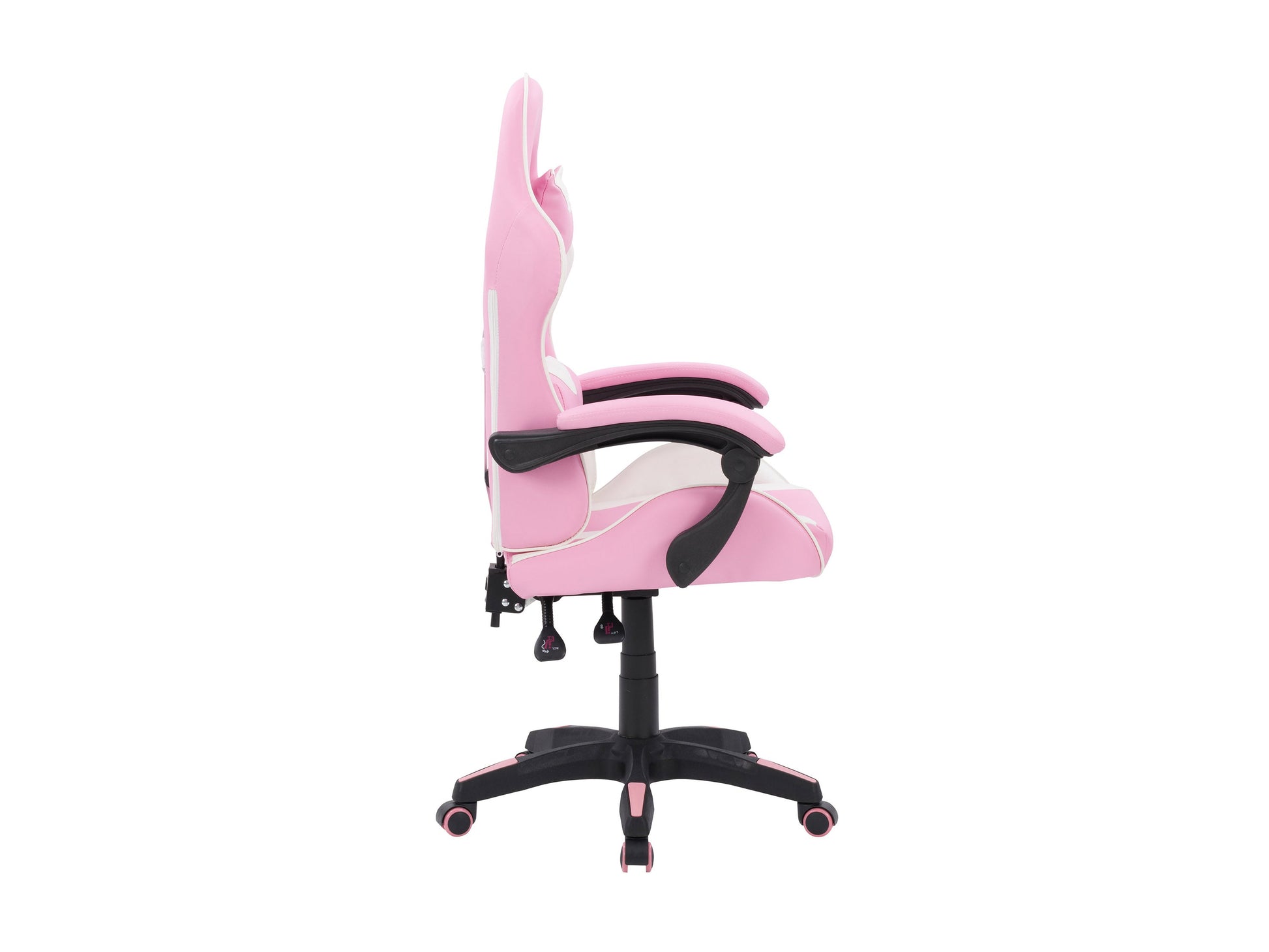 Pink and white reclining gaming chair with ergonomic design, high-density foam padding, adjustable armrests, lumbar support, and smooth PU leather upholstery. Ideal for gamers seeking comfort and style.