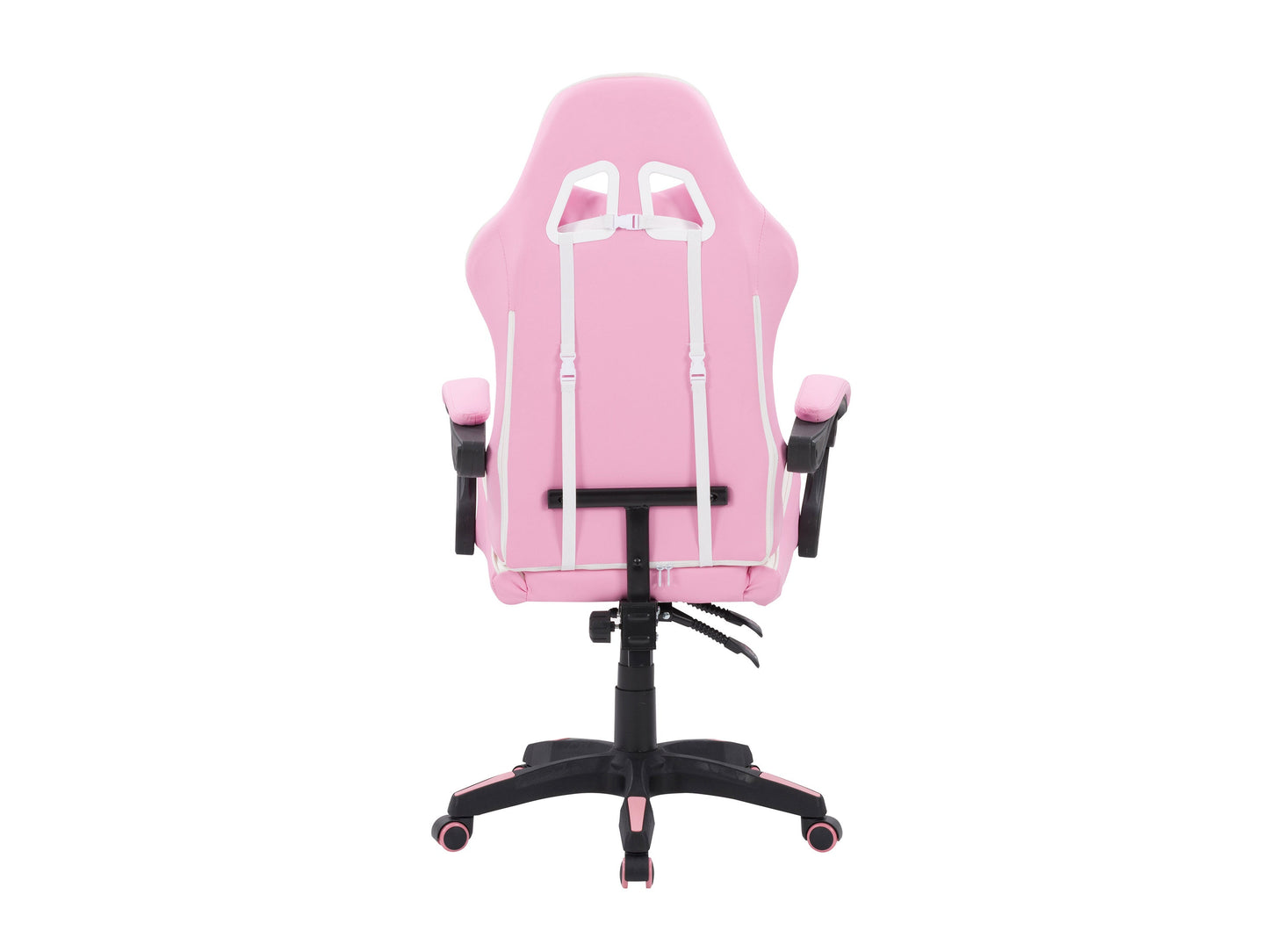 Pink and white reclining gaming chair with ergonomic design, high-density foam padding, adjustable armrests, lumbar support, and smooth PU leather upholstery. Ideal for gamers seeking comfort and style.