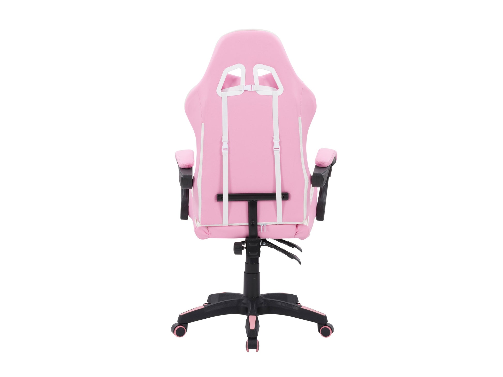 Pink and white reclining gaming chair with ergonomic design, high-density foam padding, adjustable armrests, lumbar support, and smooth PU leather upholstery. Ideal for gamers seeking comfort and style.