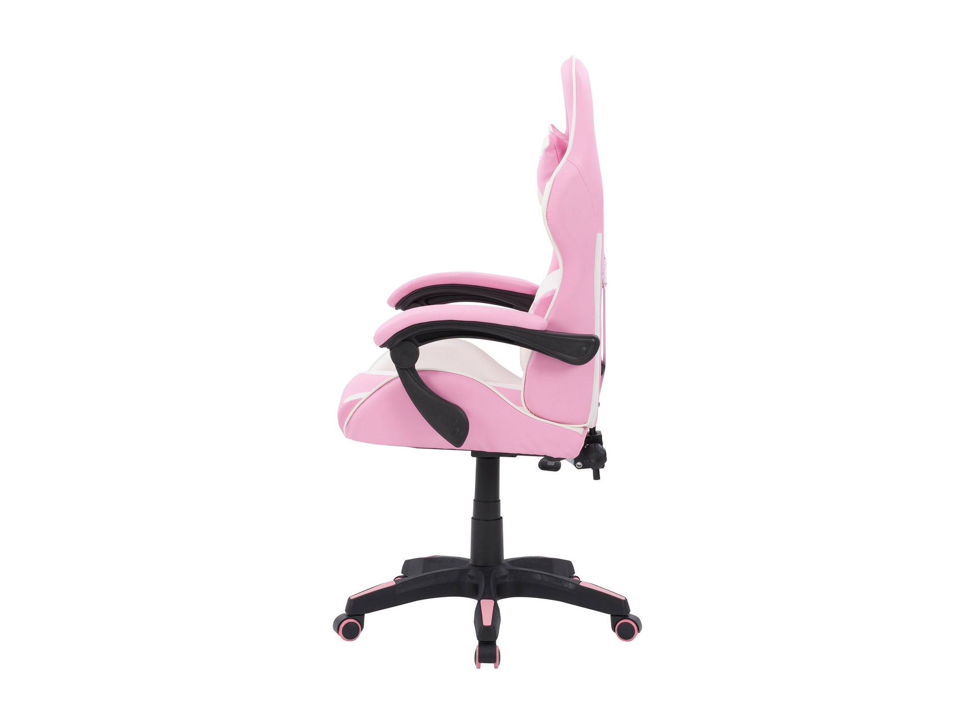 Pink and white reclining gaming chair with ergonomic design, high-density foam padding, adjustable armrests, lumbar support, and smooth PU leather upholstery. Ideal for gamers seeking comfort and style.