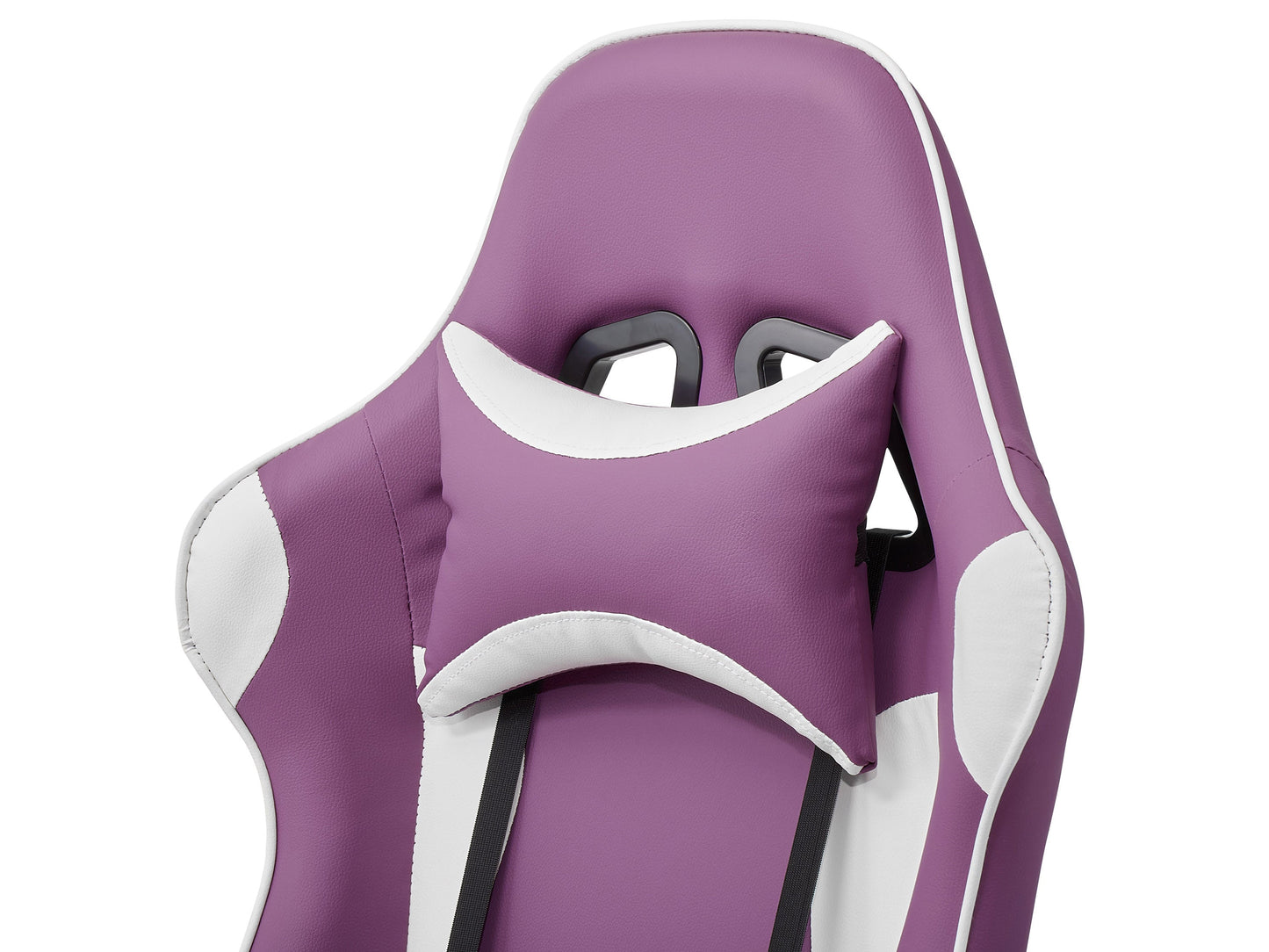 Purple and white reclining gaming chair with ergonomic design, adjustable armrests, high-density foam padding, and lumbar support pillow. Ideal for gamers seeking comfort and style in their gaming setup.