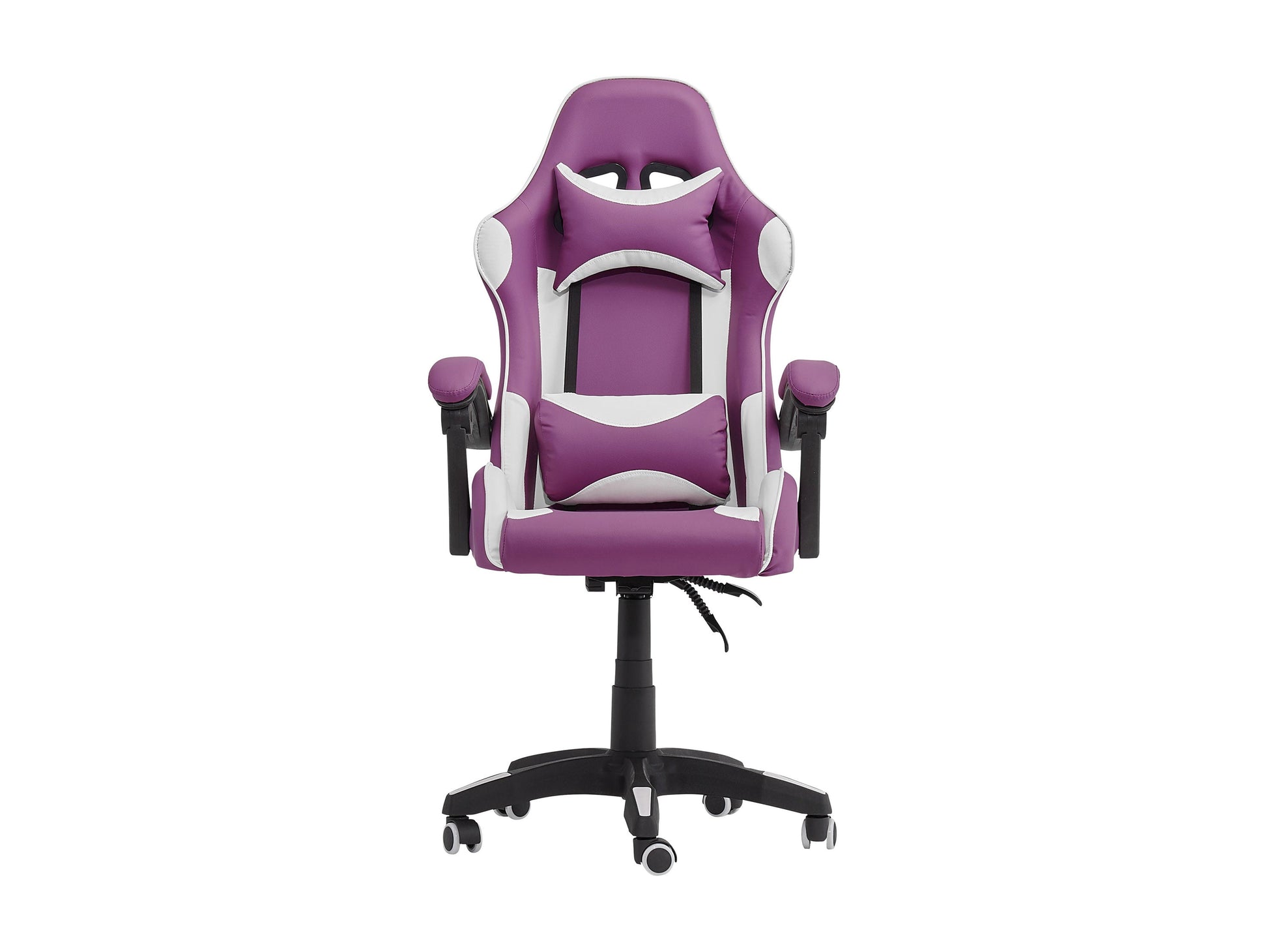 Purple and white reclining gaming chair with ergonomic design, adjustable armrests, high-density foam padding, and lumbar support pillow. Ideal for gamers seeking comfort and style in their gaming setup.
