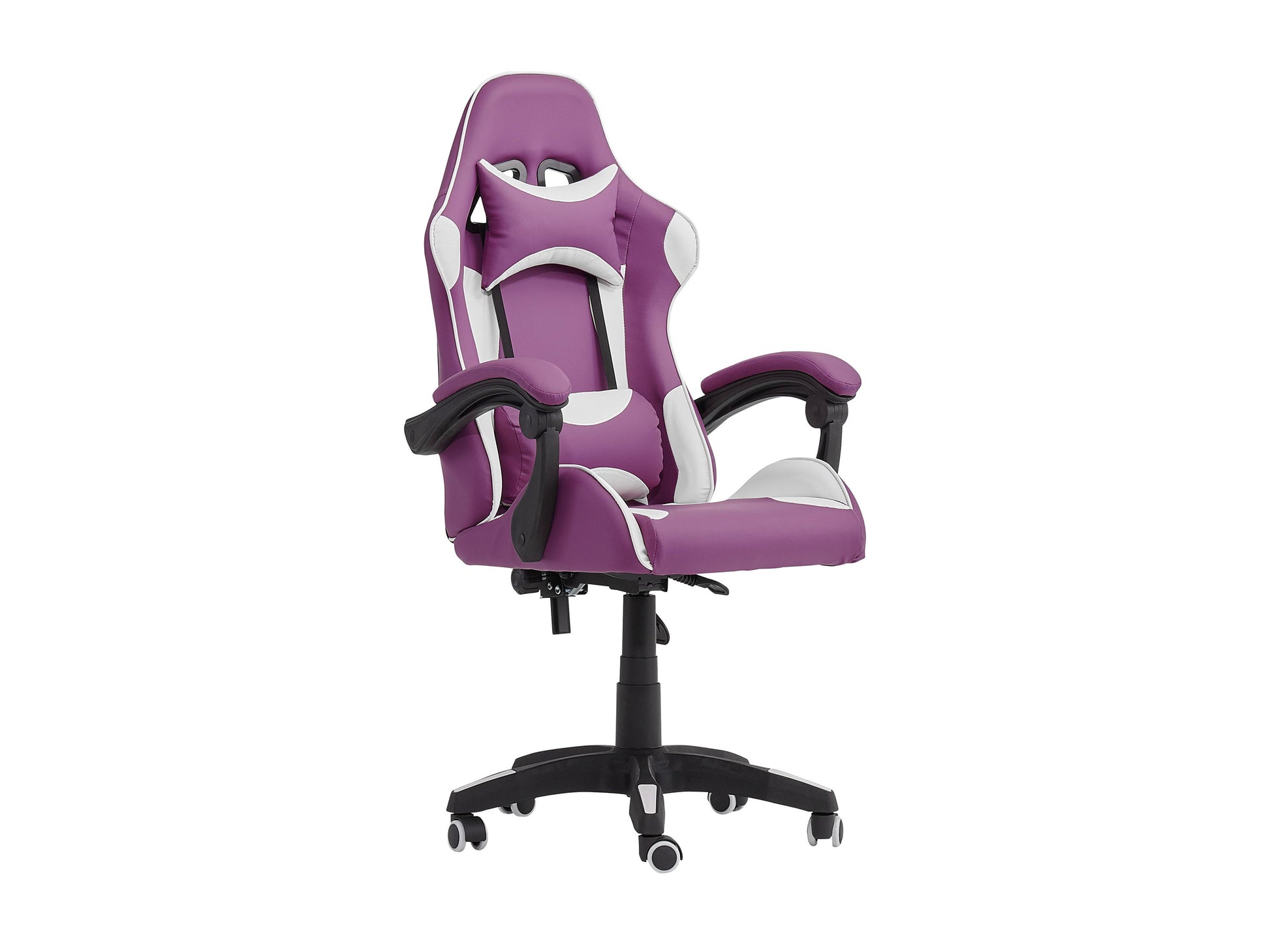 Purple and white reclining gaming chair with ergonomic design, adjustable armrests, high-density foam padding, and lumbar support pillow. Ideal for gamers seeking comfort and style in their gaming setup.