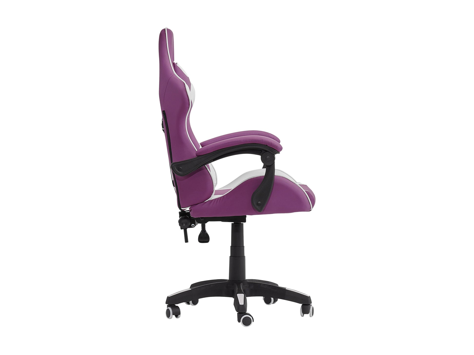 Purple and white reclining gaming chair with ergonomic design, adjustable armrests, high-density foam padding, and lumbar support pillow. Ideal for gamers seeking comfort and style in their gaming setup.