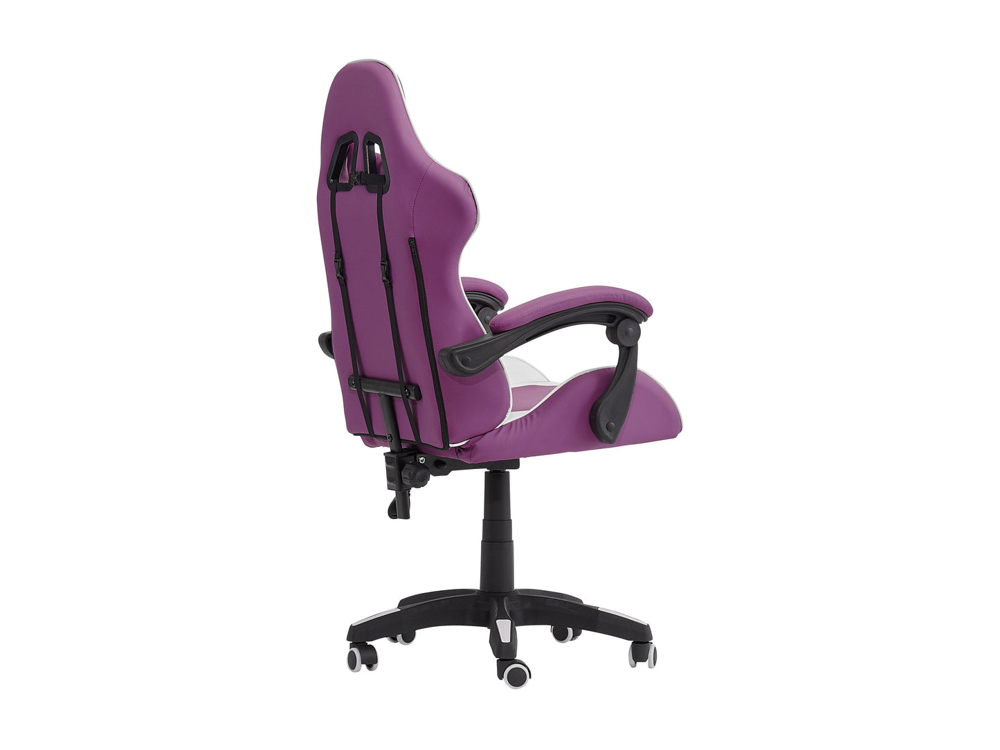 Purple and white reclining gaming chair with ergonomic design, adjustable armrests, high-density foam padding, and lumbar support pillow. Ideal for gamers seeking comfort and style in their gaming setup.