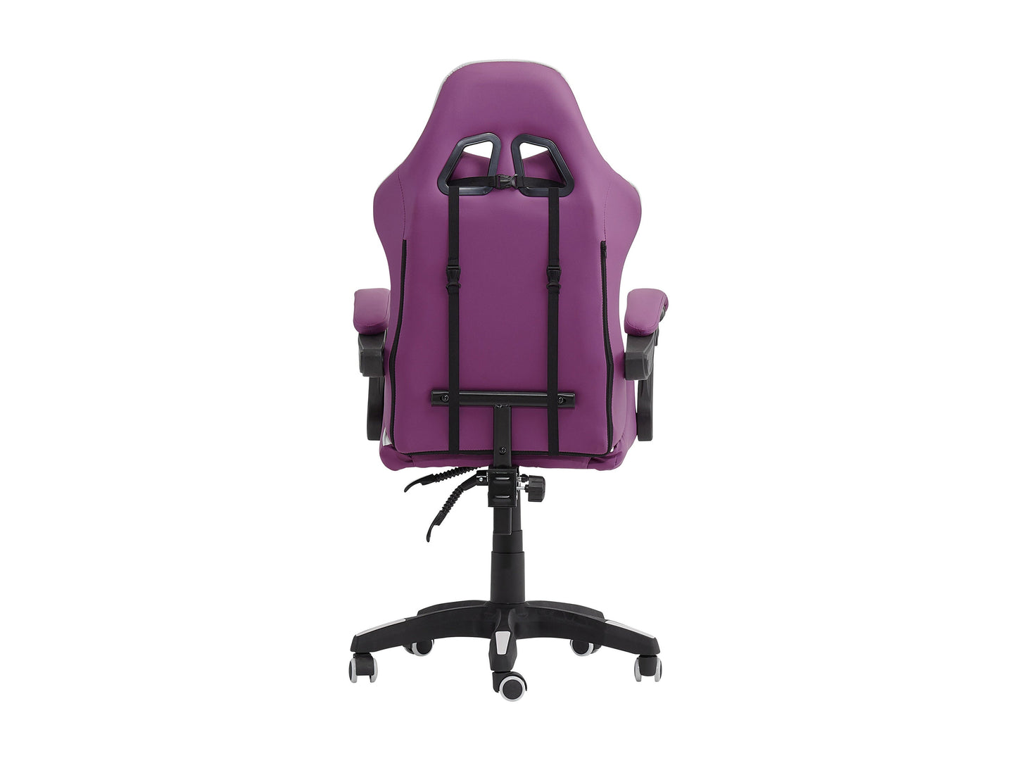 Purple and white reclining gaming chair with ergonomic design, adjustable armrests, high-density foam padding, and lumbar support pillow. Ideal for gamers seeking comfort and style in their gaming setup.