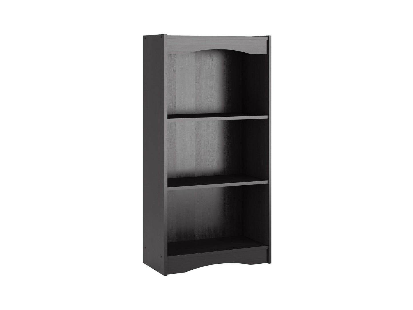 Small black wooden bookcase with three shelves, 48 inches tall, showcasing minimalist design and smooth finish, ideal for organizing books and decor in a modern living space.