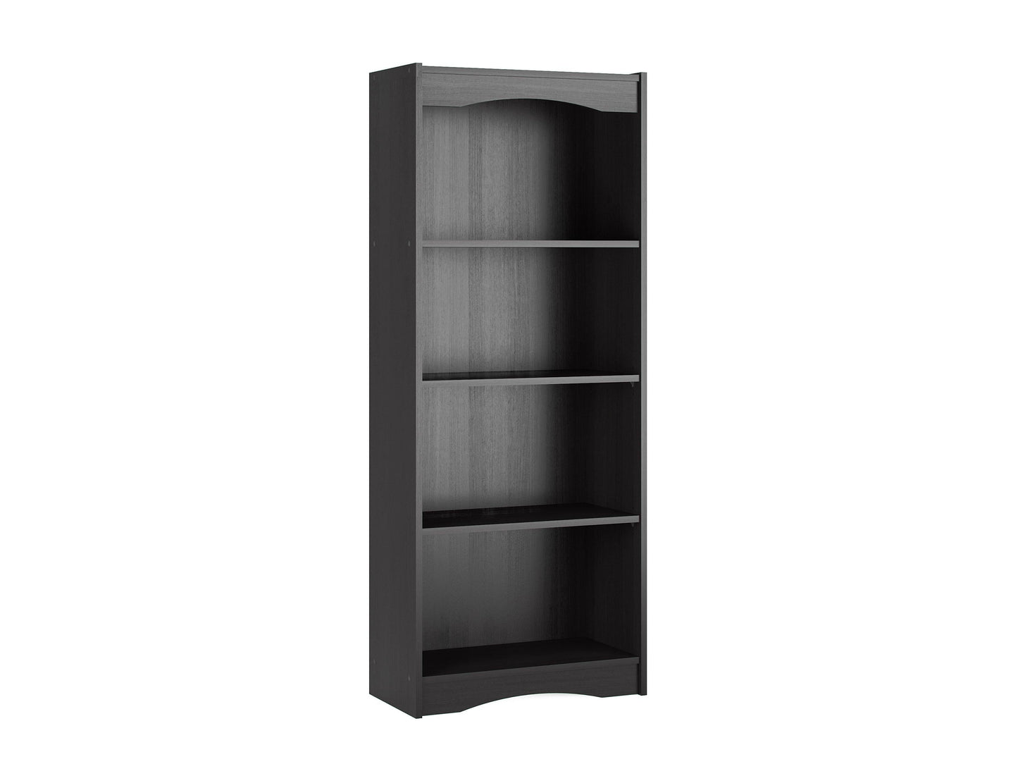 Tall black bookcase with five shelves, 60 inches high, sleek modern design, ideal for organizing books, decor, and storage.