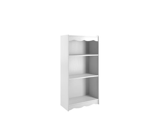 White 48" small bookcase with four shelves, made of wood, featuring a sleek design and smooth finish, ideal for organizing books and decor in a modern living space.