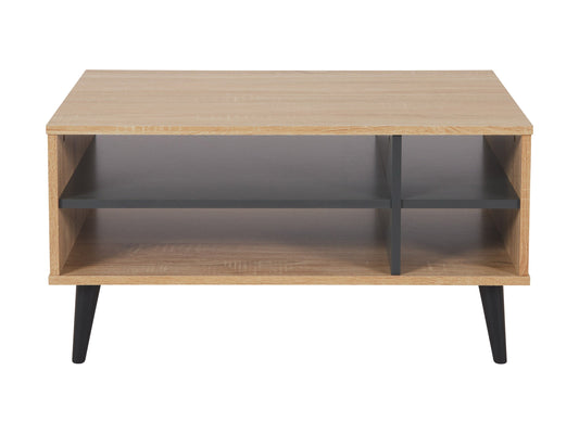 Light wood rectangle coffee table with grey storage shelves, sleek modern design, sturdy legs, and smooth finish; perfect for living room organization and contemporary decor.