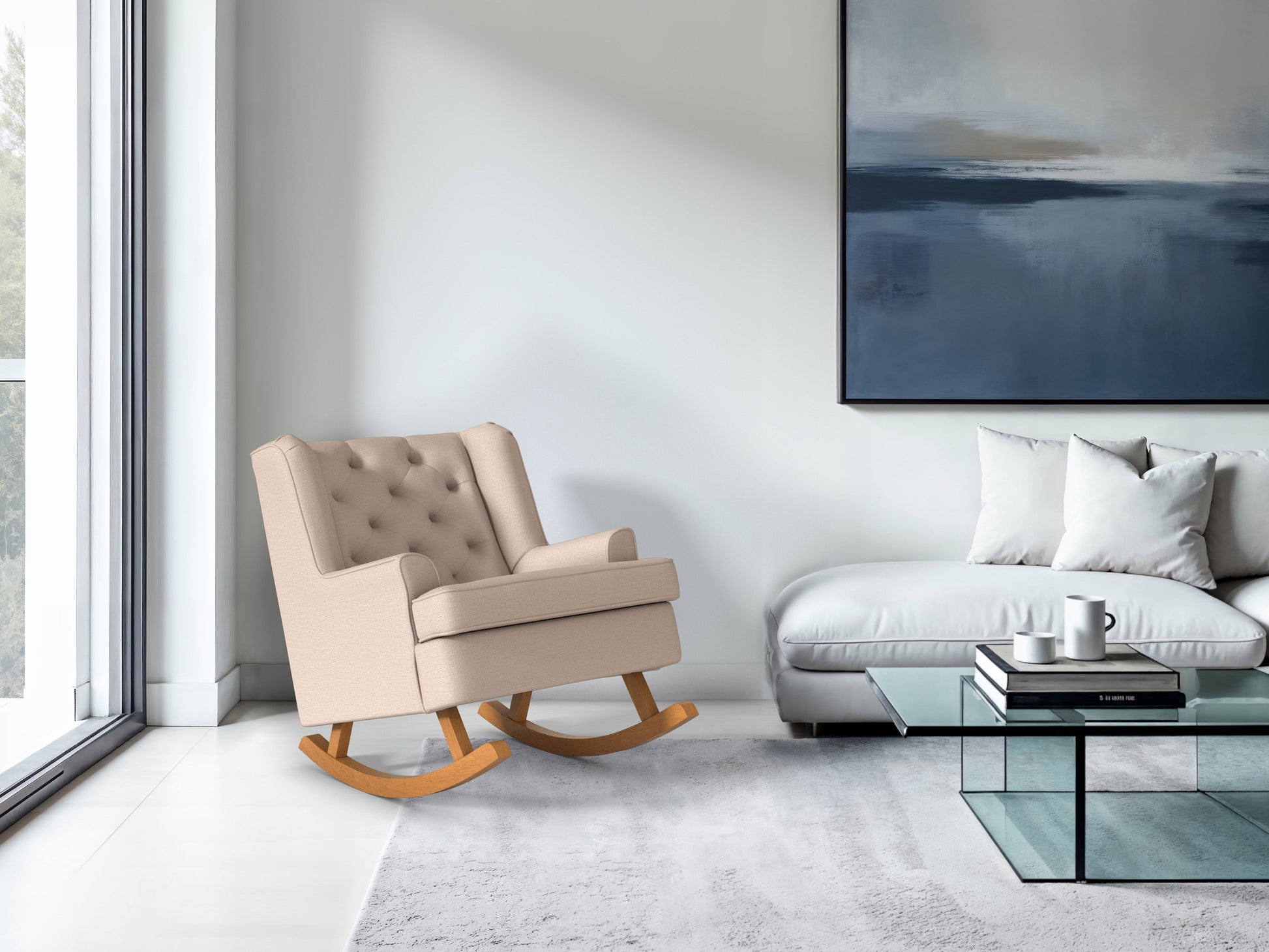 Beige rocking chair with a curved wooden frame, cushioned seat, and backrest, featuring soft fabric upholstery and ergonomic design, perfect for living rooms and nurseries.
