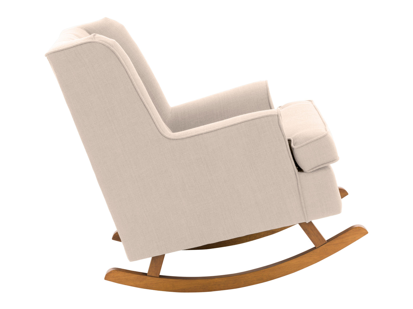 Beige rocking chair with a curved wooden frame, cushioned seat, and backrest, featuring soft fabric upholstery and ergonomic design, perfect for living rooms and nurseries.