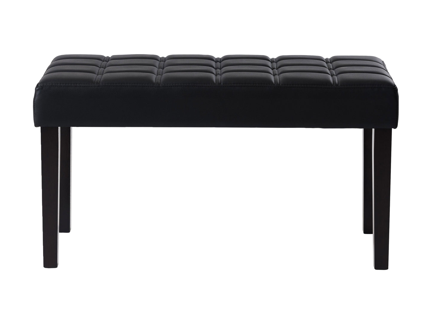Black leather bench with sleek, modern design featuring a sturdy metal frame, tufted seat cushion, and minimalist style, perfect for contemporary living spaces or entryways.