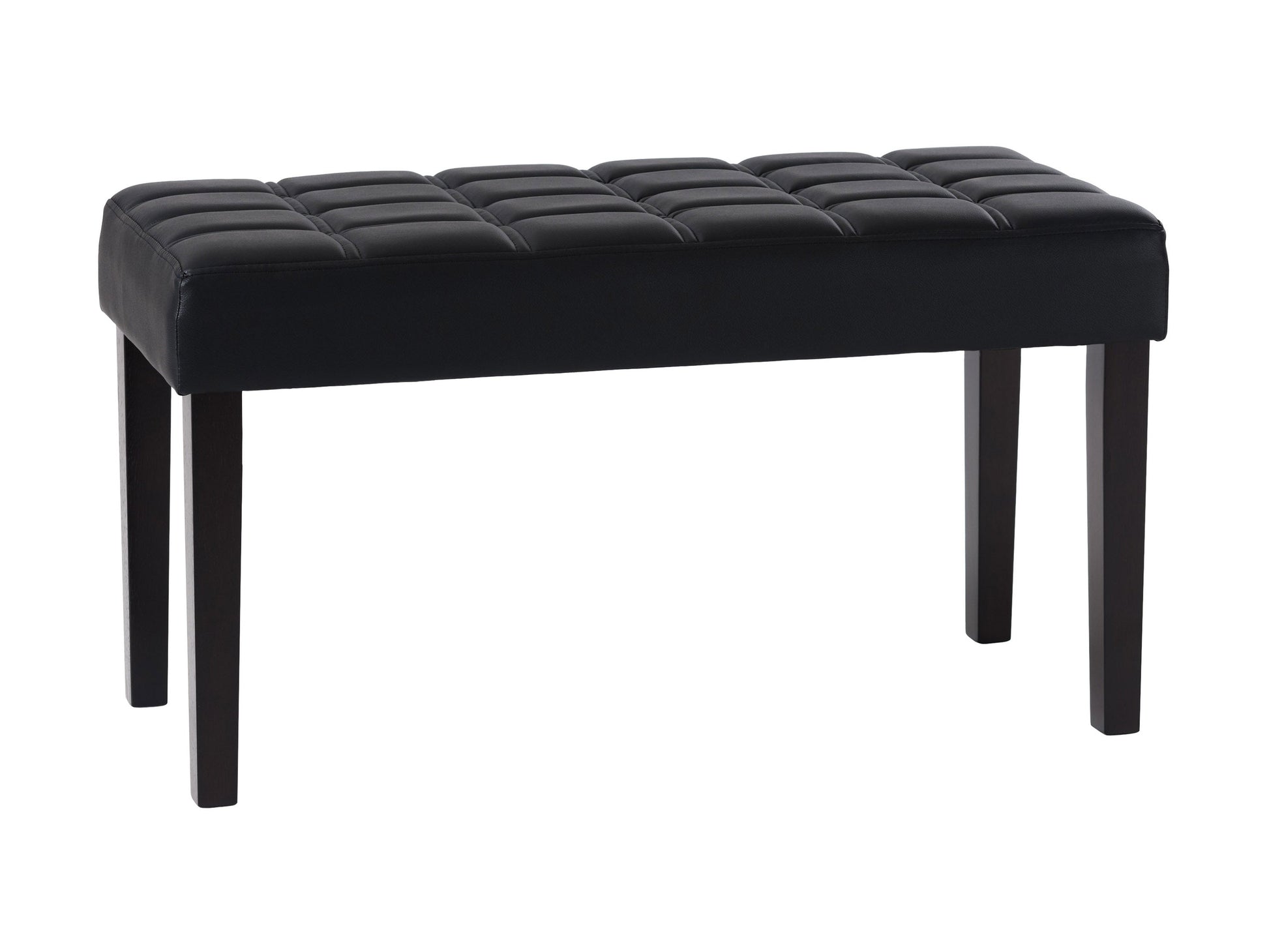 Black leather bench with sleek, modern design featuring a sturdy metal frame, tufted seat cushion, and minimalist style, perfect for contemporary living spaces or entryways.