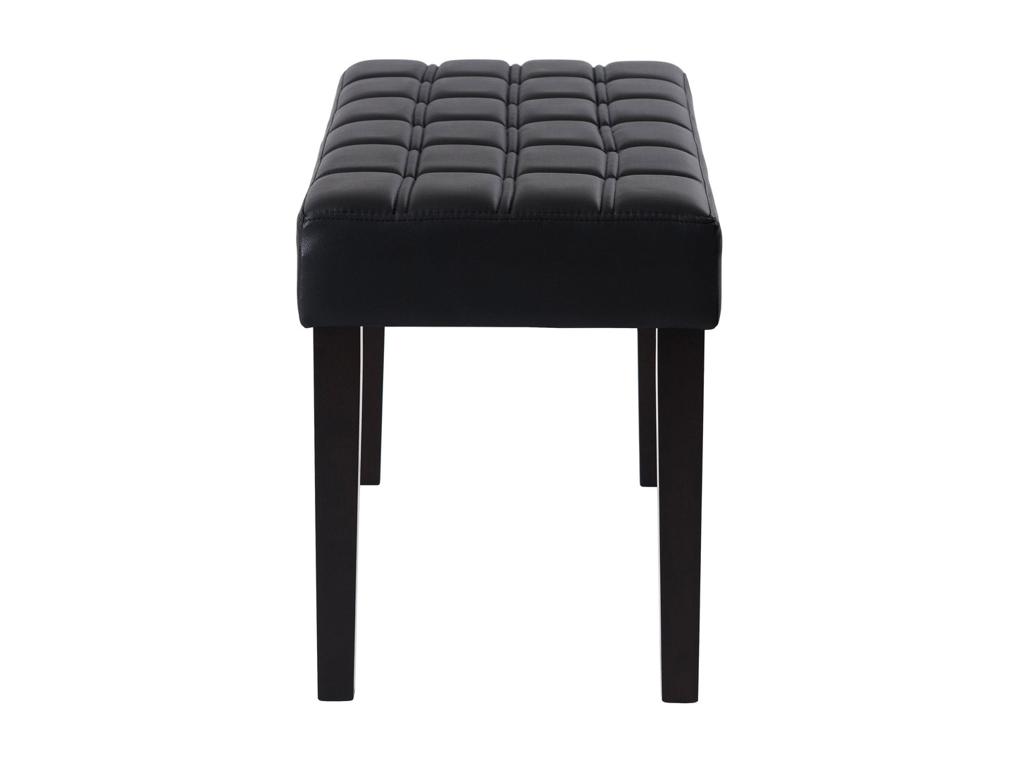 Black leather bench with sleek, modern design featuring a sturdy metal frame, tufted seat cushion, and minimalist style, perfect for contemporary living spaces or entryways.