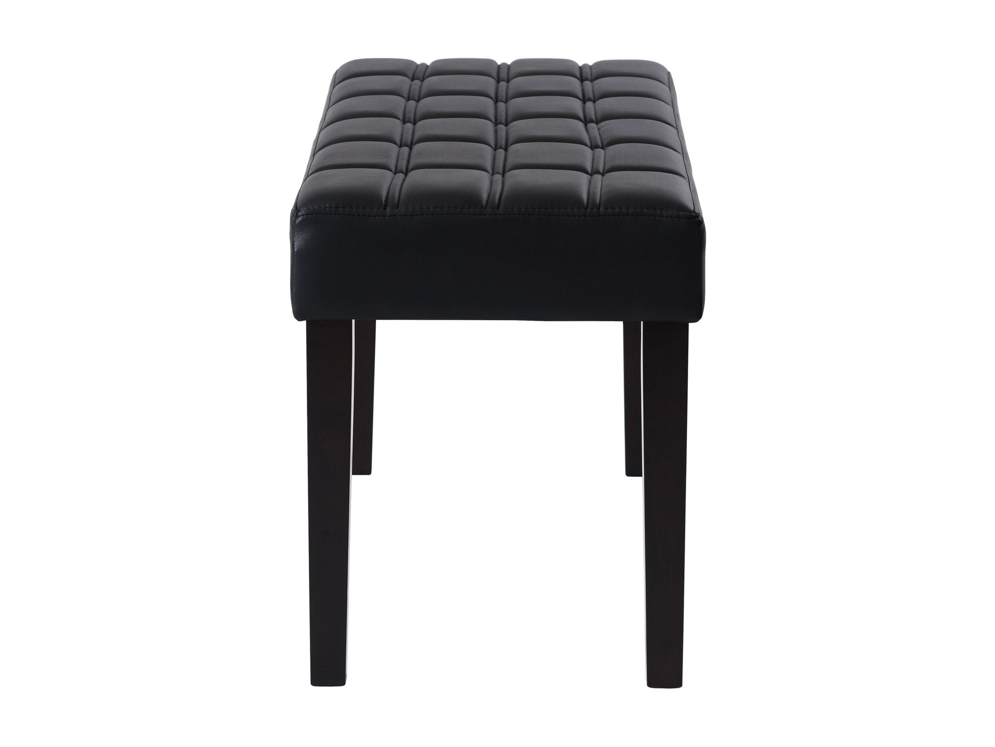 Black leather bench with sleek, modern design featuring a sturdy metal frame, tufted seat cushion, and minimalist style, perfect for contemporary living spaces or entryways.